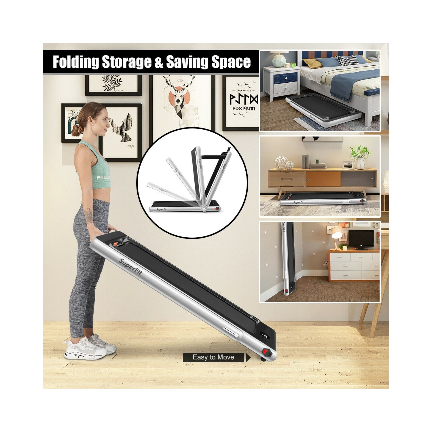 Tapis roulant pliable 2 en 1 avec moteur 2,25 HP, commande par application et affichage double