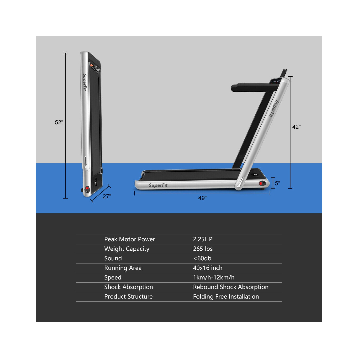 Tapis roulant pliable 2 en 1 avec moteur 2,25 HP, commande par application et affichage double