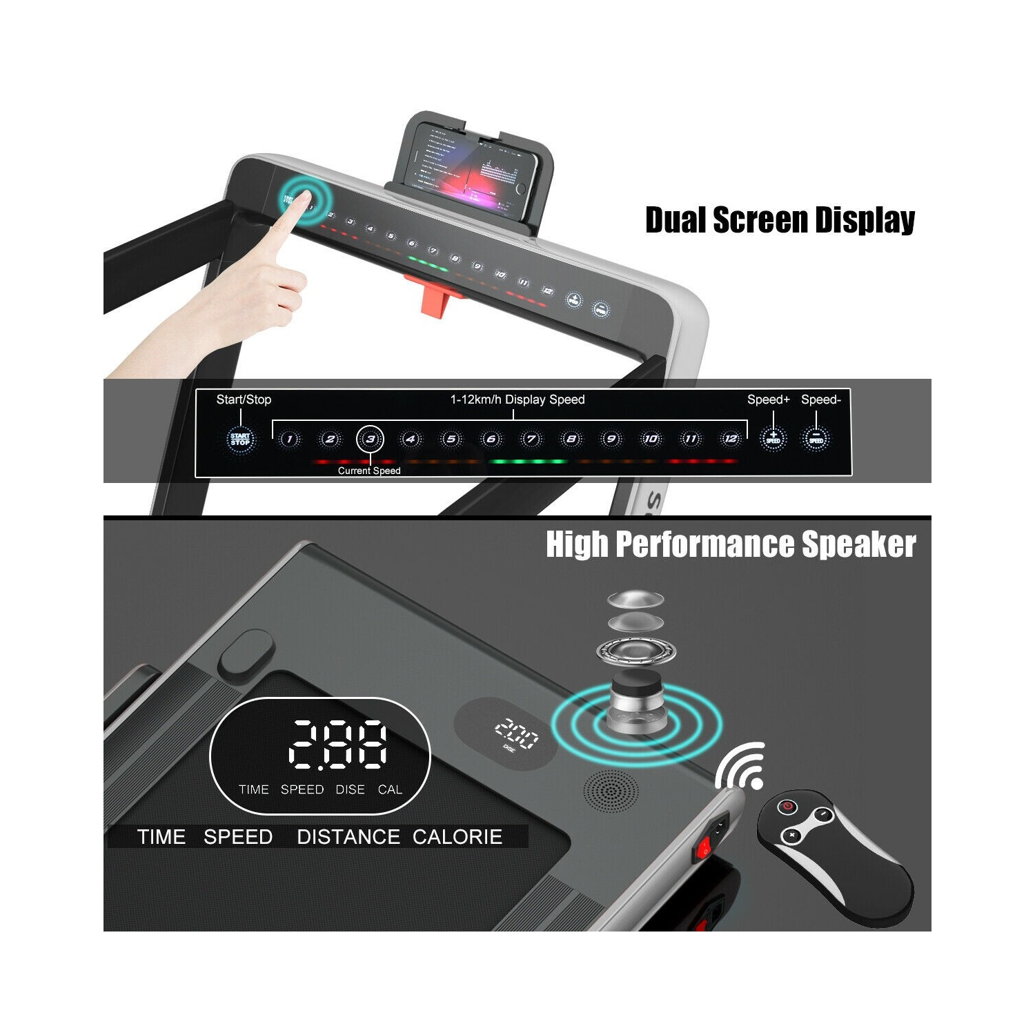 Tapis roulant pliable 2 en 1 avec moteur 2,25 HP, commande par application et affichage double