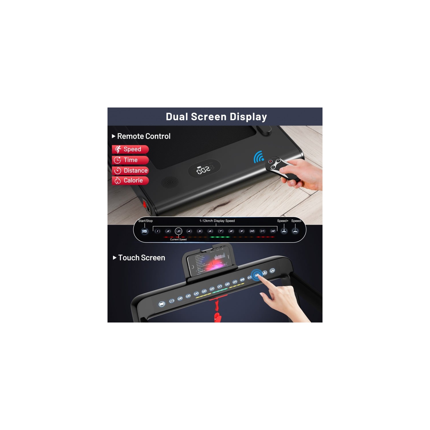 Tapis roulant pliable 2 en 1 avec moteur 2,25 HP, commande par application et affichage double