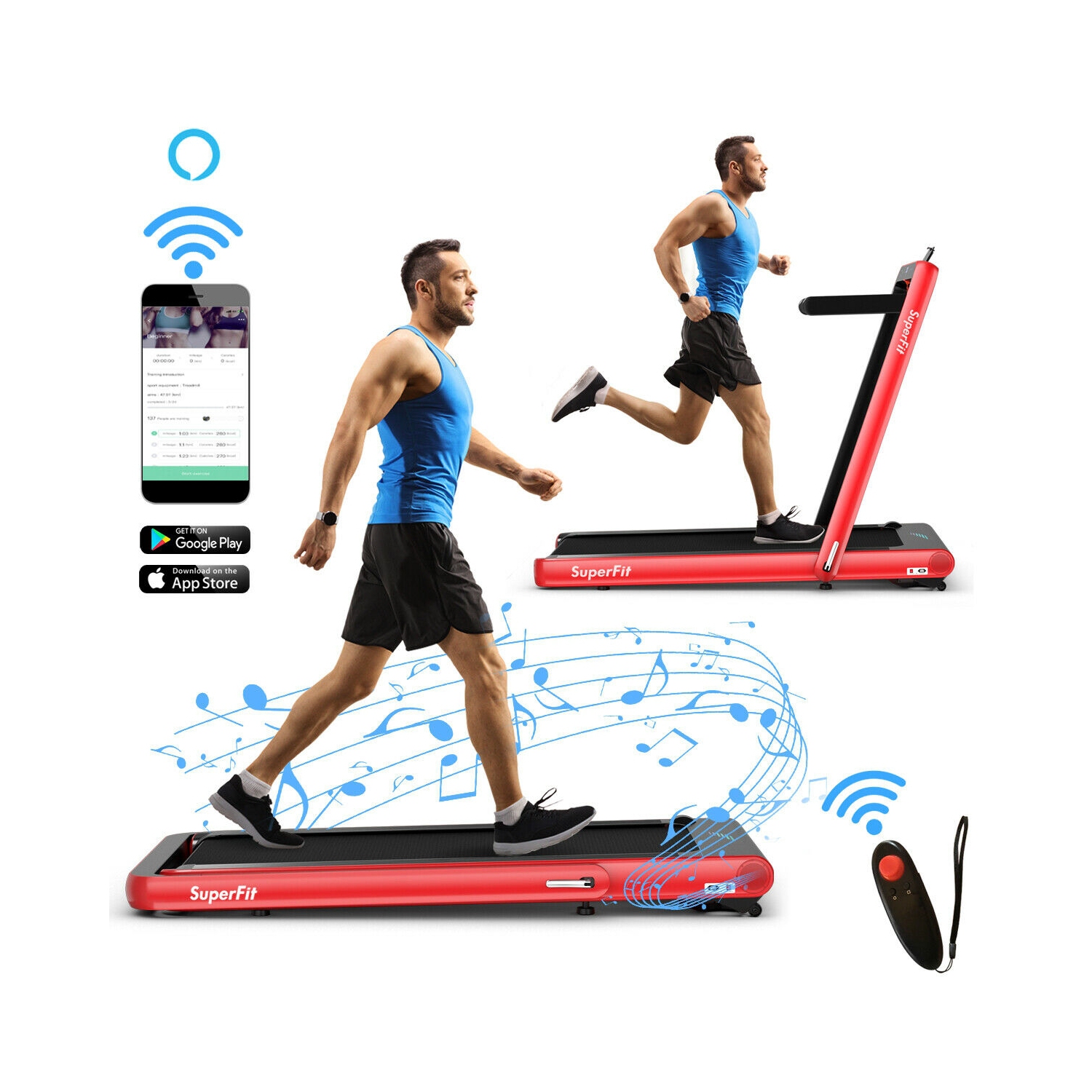 Tapis roulant repliable 2-en-1 de 4,75 HP avec commande à distance PAR APPLICATION - Rouge