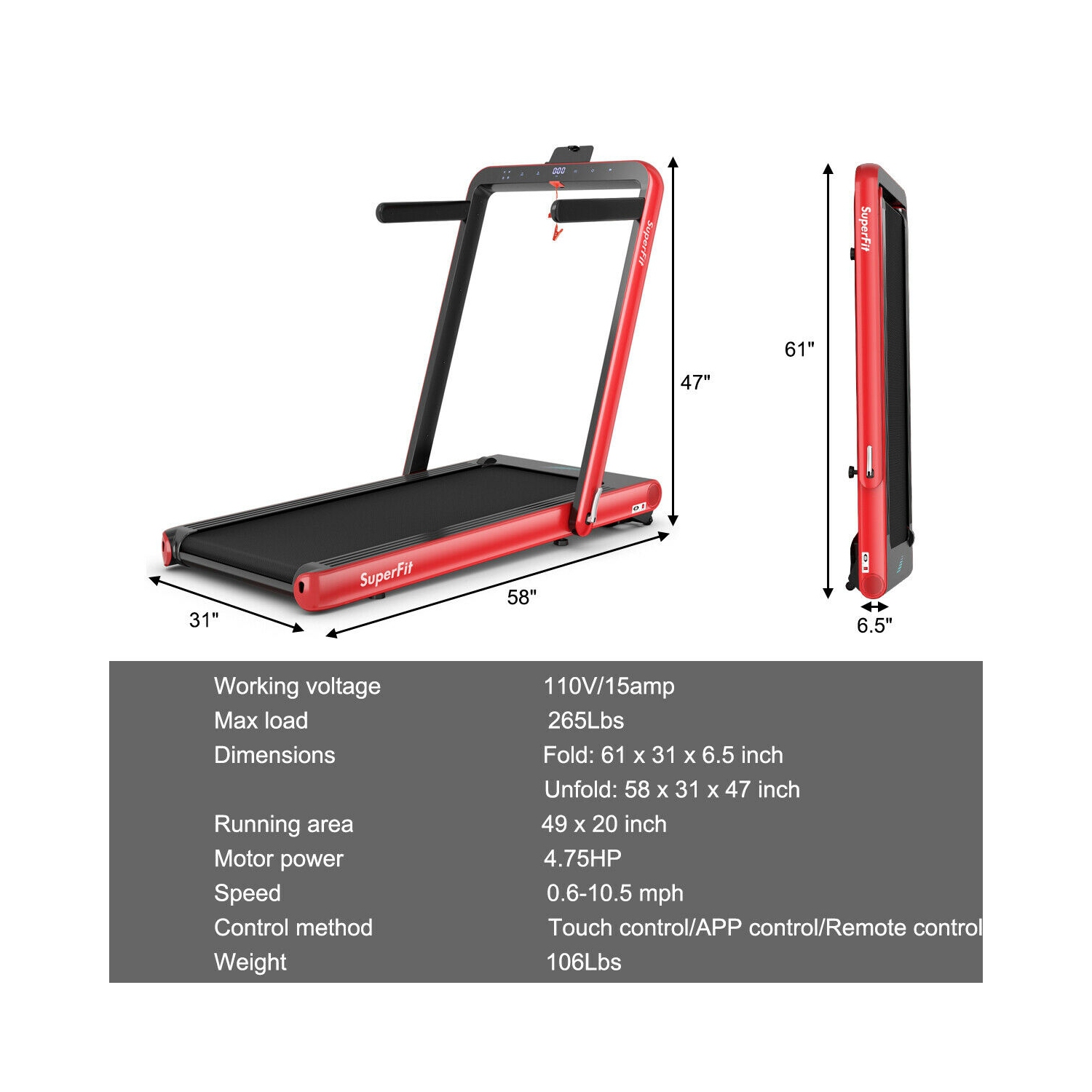 Tapis roulant repliable 2-en-1 de 4,75 HP avec commande à distance PAR APPLICATION - Rouge