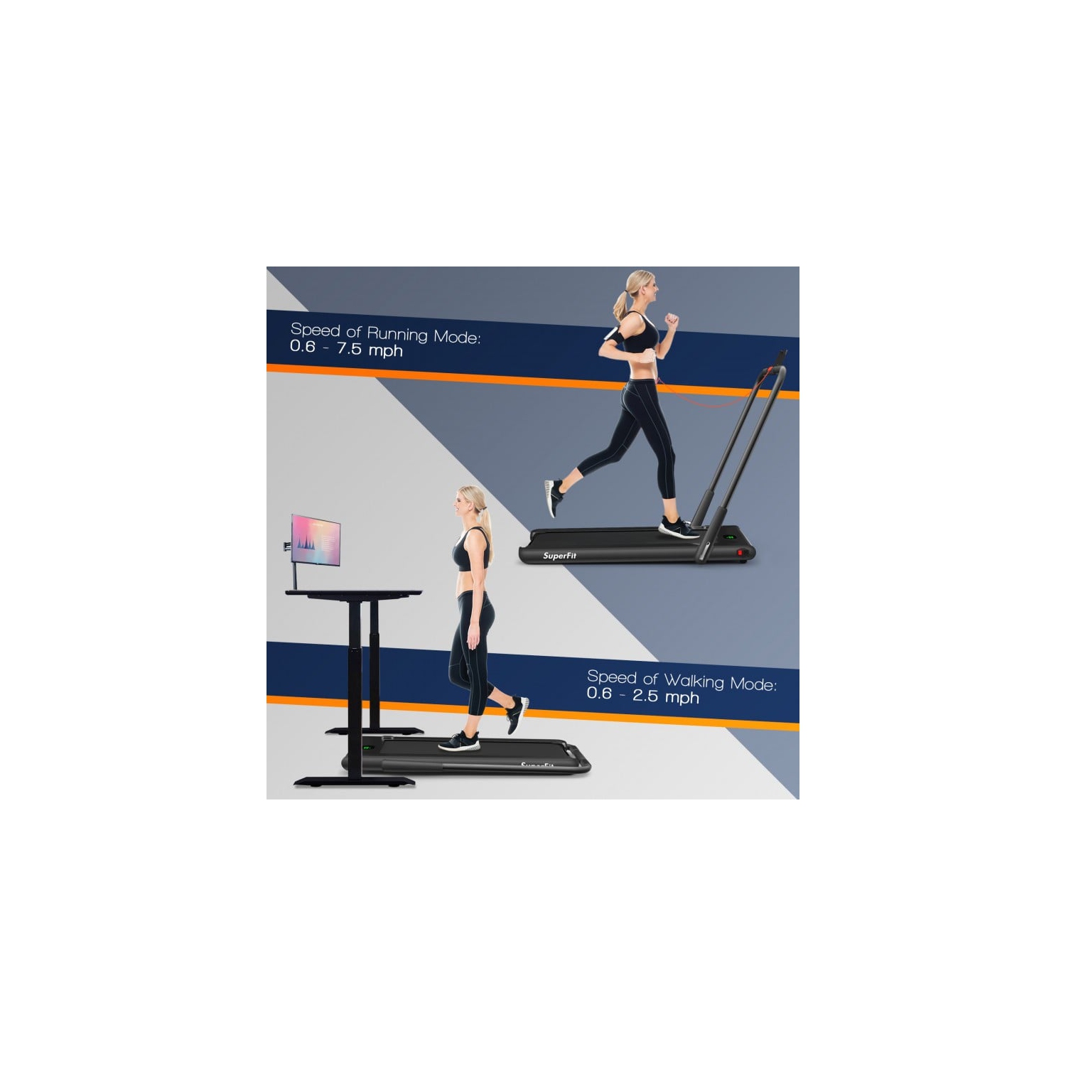 Tapis roulant repliable 2-en-1 de 2,25 HP avec télécommande et écran LED