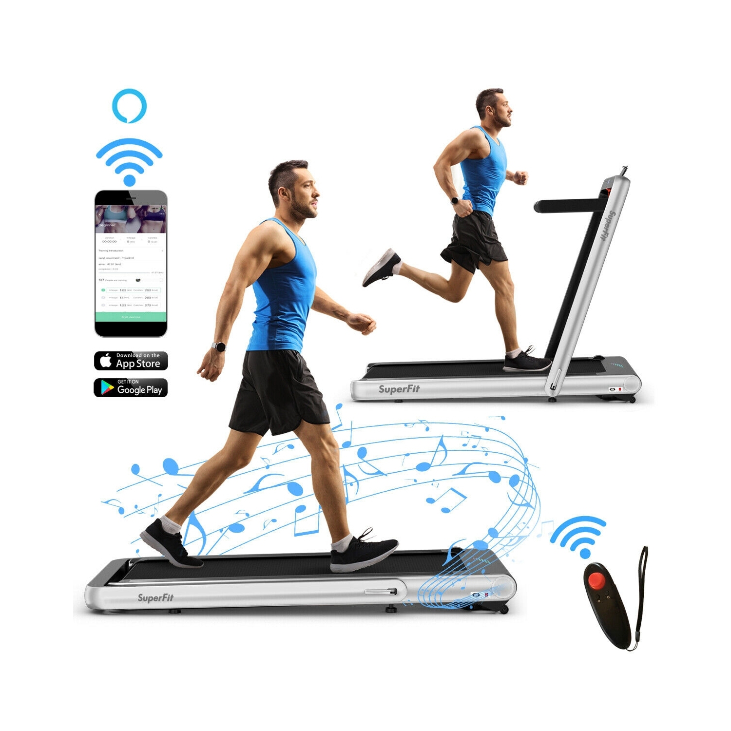 Tapis roulant repliable 2-en-1 de 4,75 HP avec commande à distance - Argenté