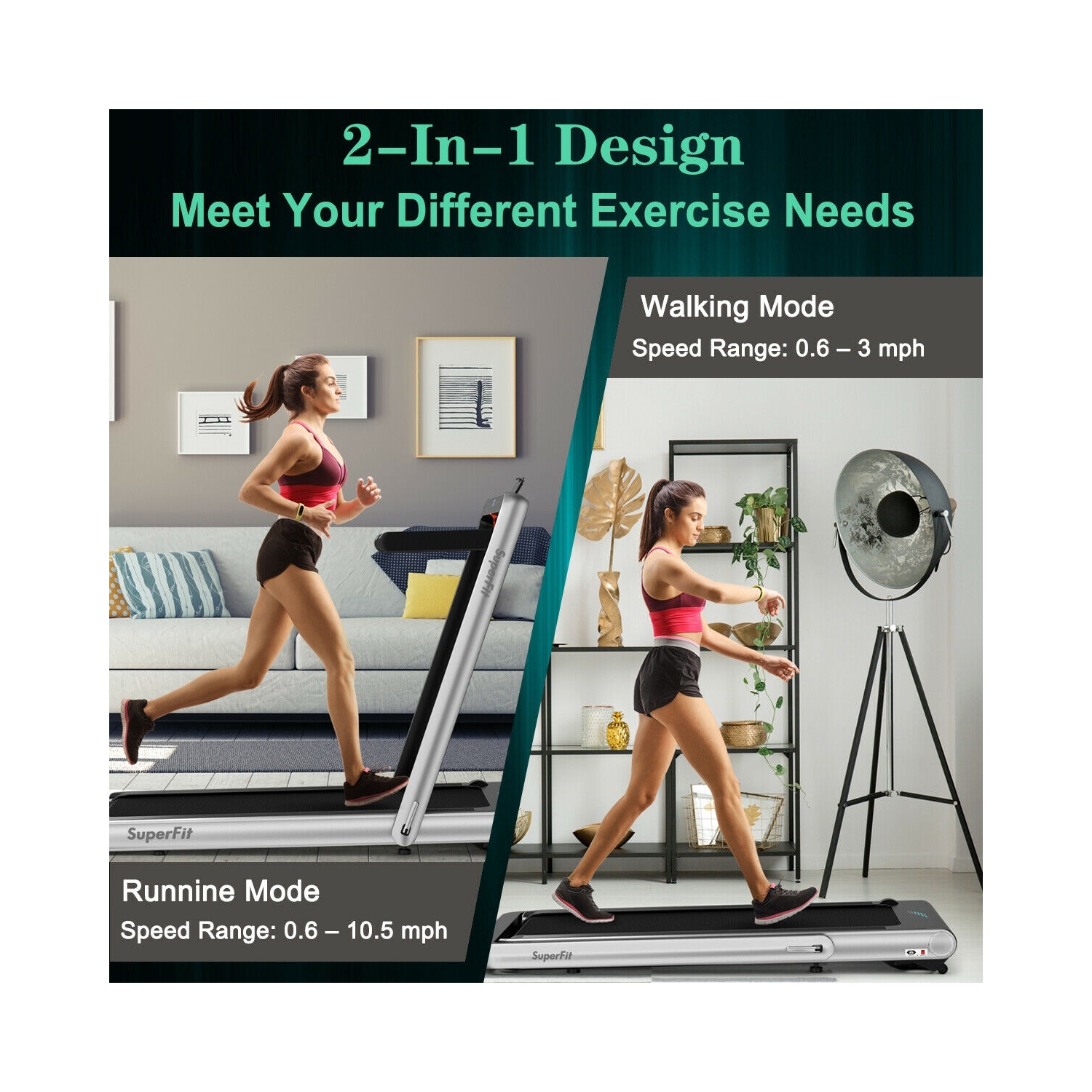 Tapis roulant repliable 2-en-1 de 4,75 HP avec commande à distance - Argenté