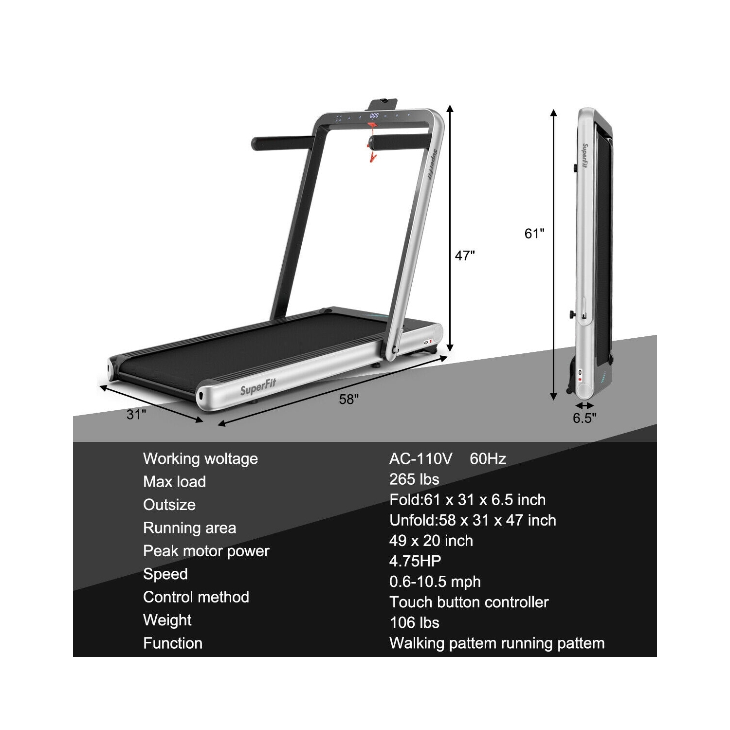 Tapis roulant repliable 2-en-1 de 4,75 HP avec commande à distance - Argenté
