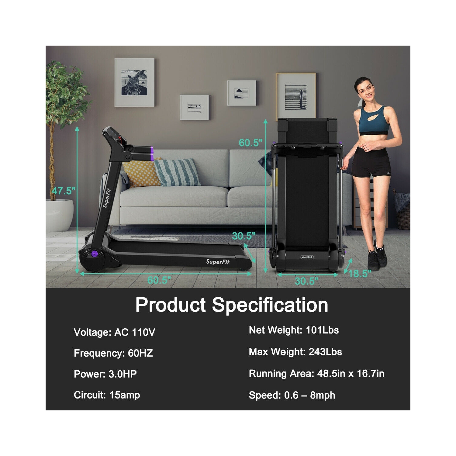3 HP Folding Electric Treadmill Running Machine