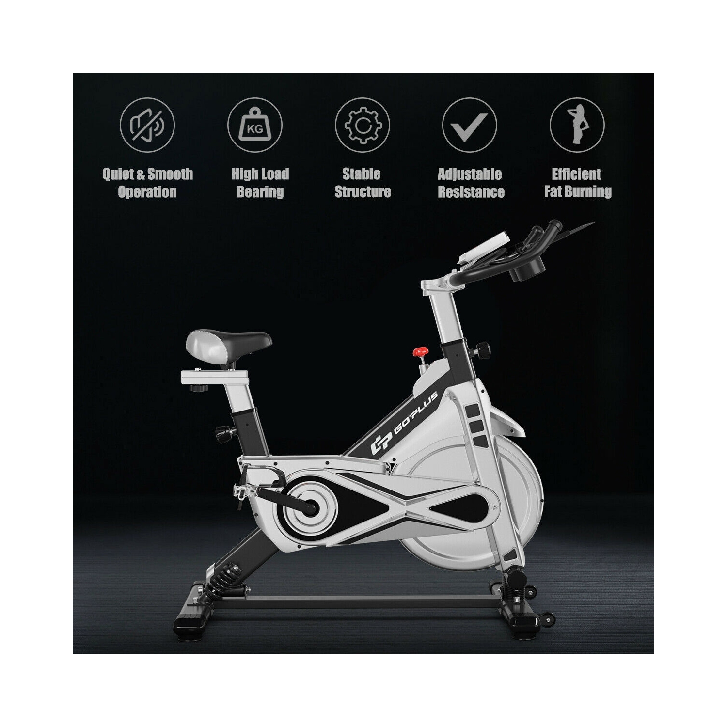 Vélo stationnaire silencieux à courroie ajustable avec support pour téléphone et écran électronique - Noir