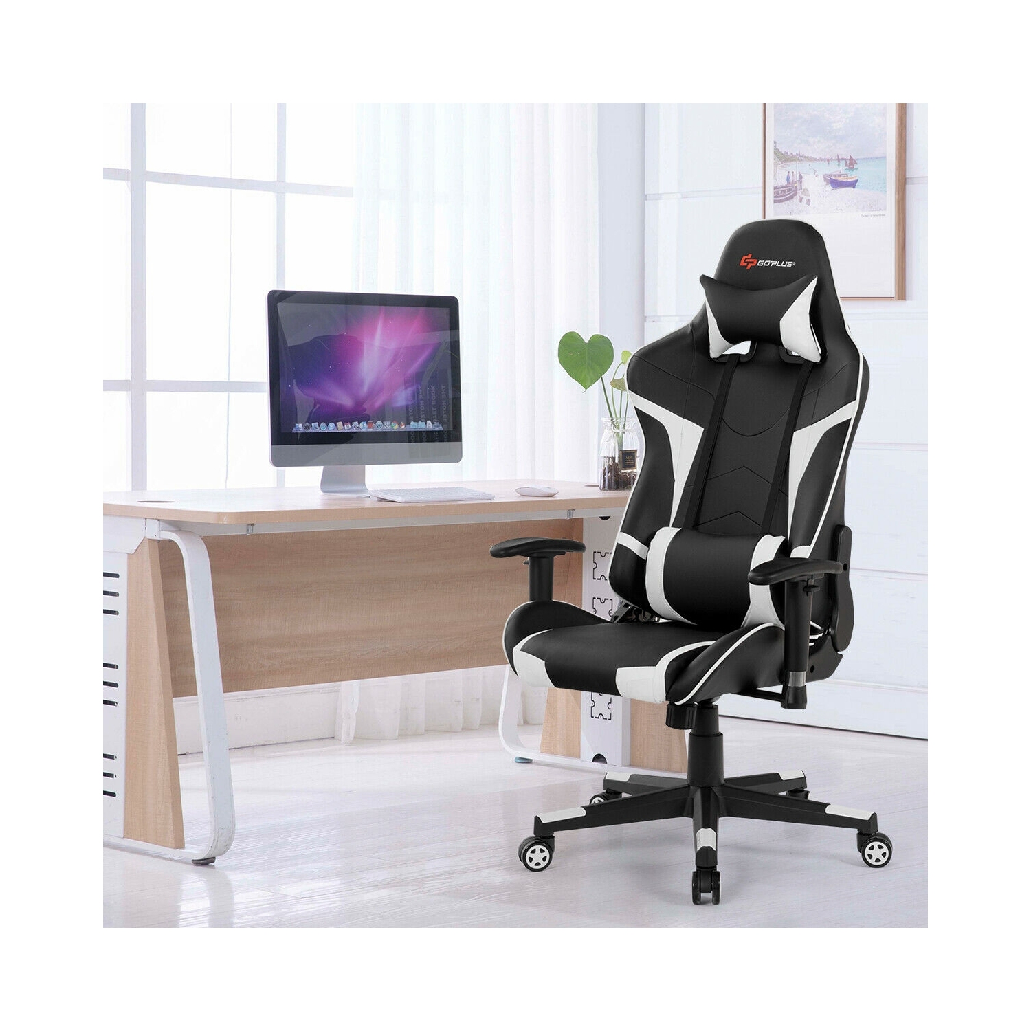 Reclining Swivel Massage Gaming Chair with Lumbar Support-White