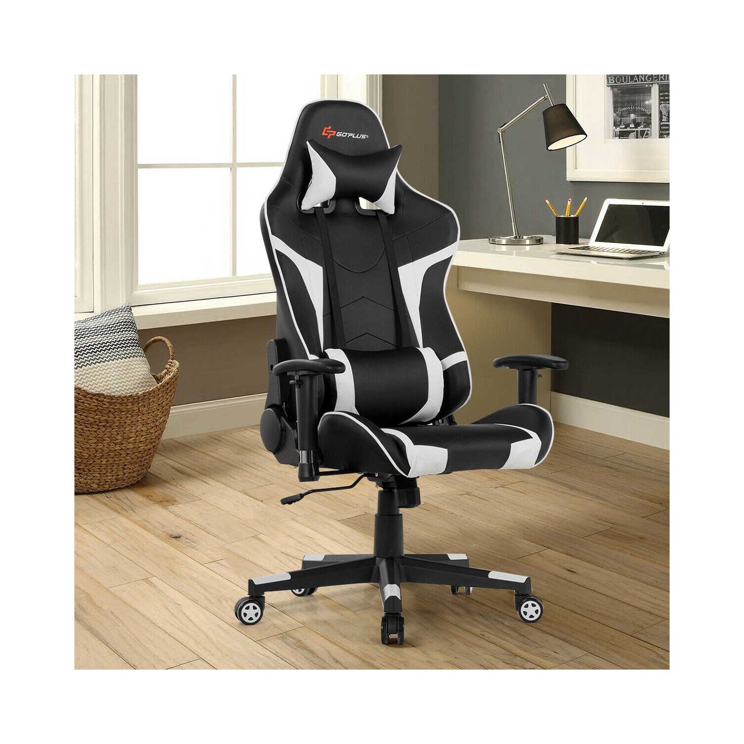 Reclining Swivel Massage Gaming Chair with Lumbar Support-White
