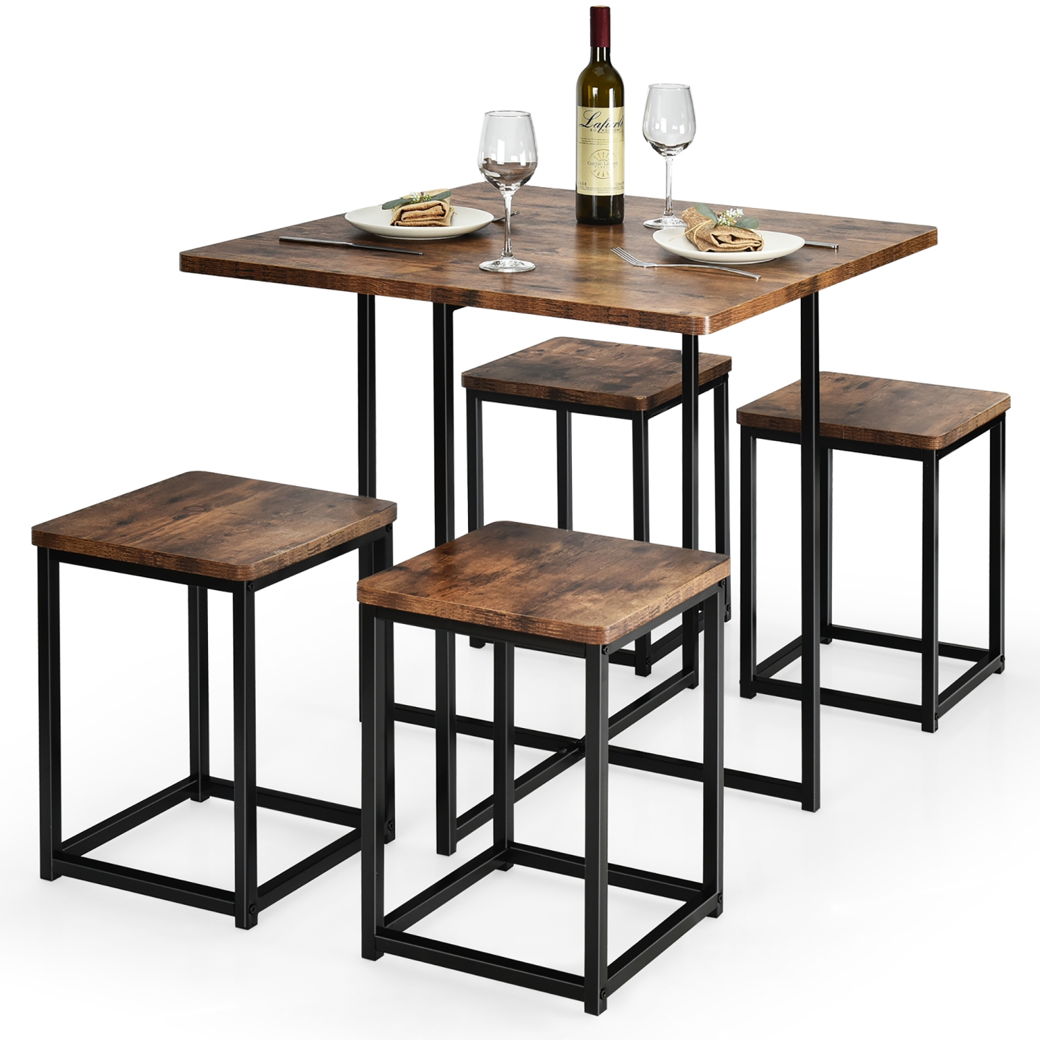 Costway 5pcs Dining Set Compact Dining Table and 4 Stools Metal Frame