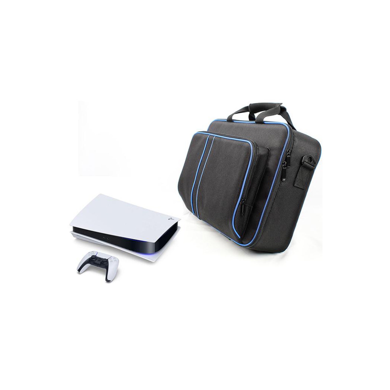 Naavor compatible avec PS5 & PS5 Sac de rangement mince, étui de transport console et manette pour accessoires PlayStation - Noir et bleu