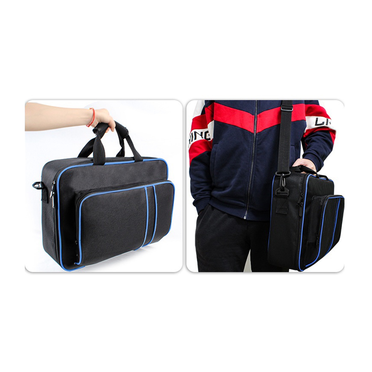 Naavor compatible avec PS5 & PS5 Sac de rangement mince, étui de transport console et manette pour accessoires PlayStation - Noir et bleu