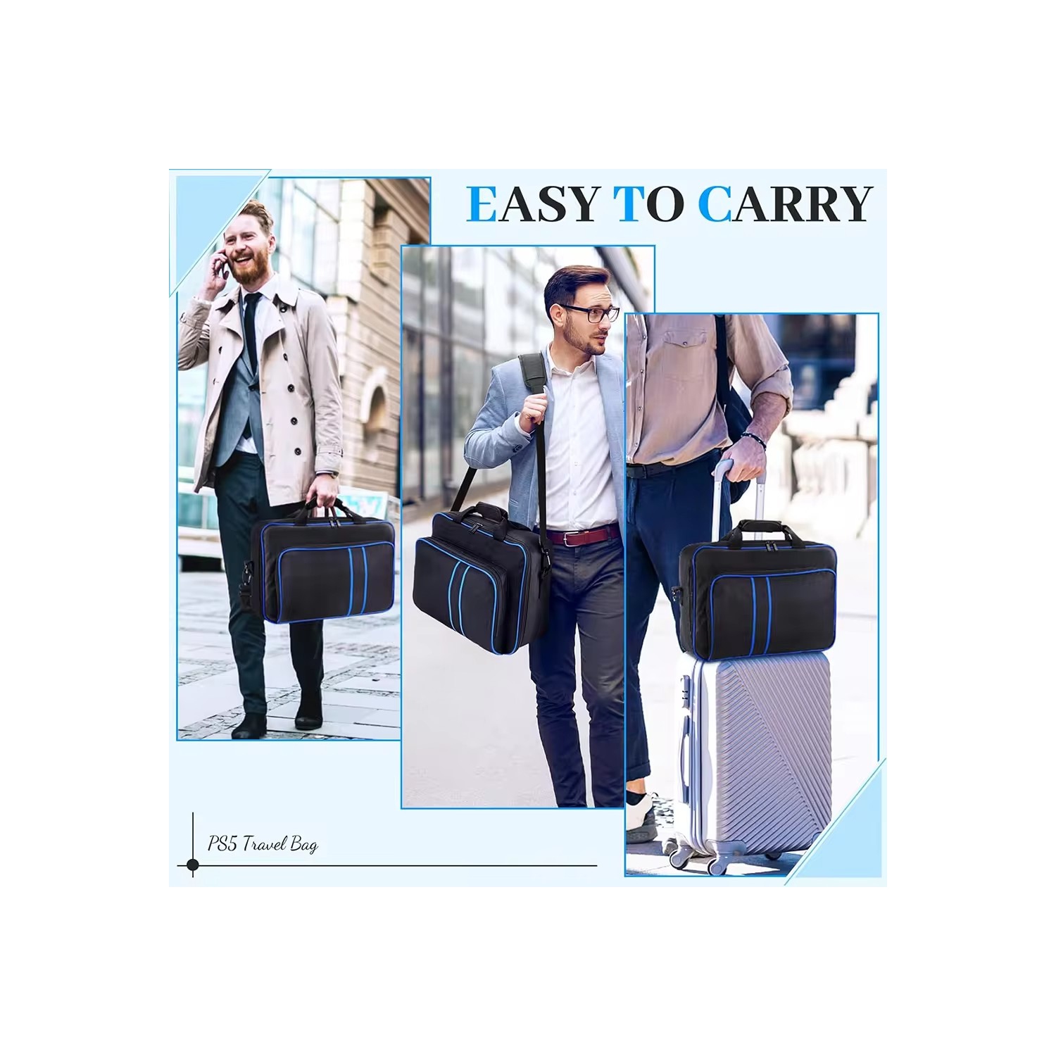 Naavor compatible avec PS5 & PS5 Sac de rangement mince, étui de transport console et manette pour accessoires PlayStation - Noir et bleu