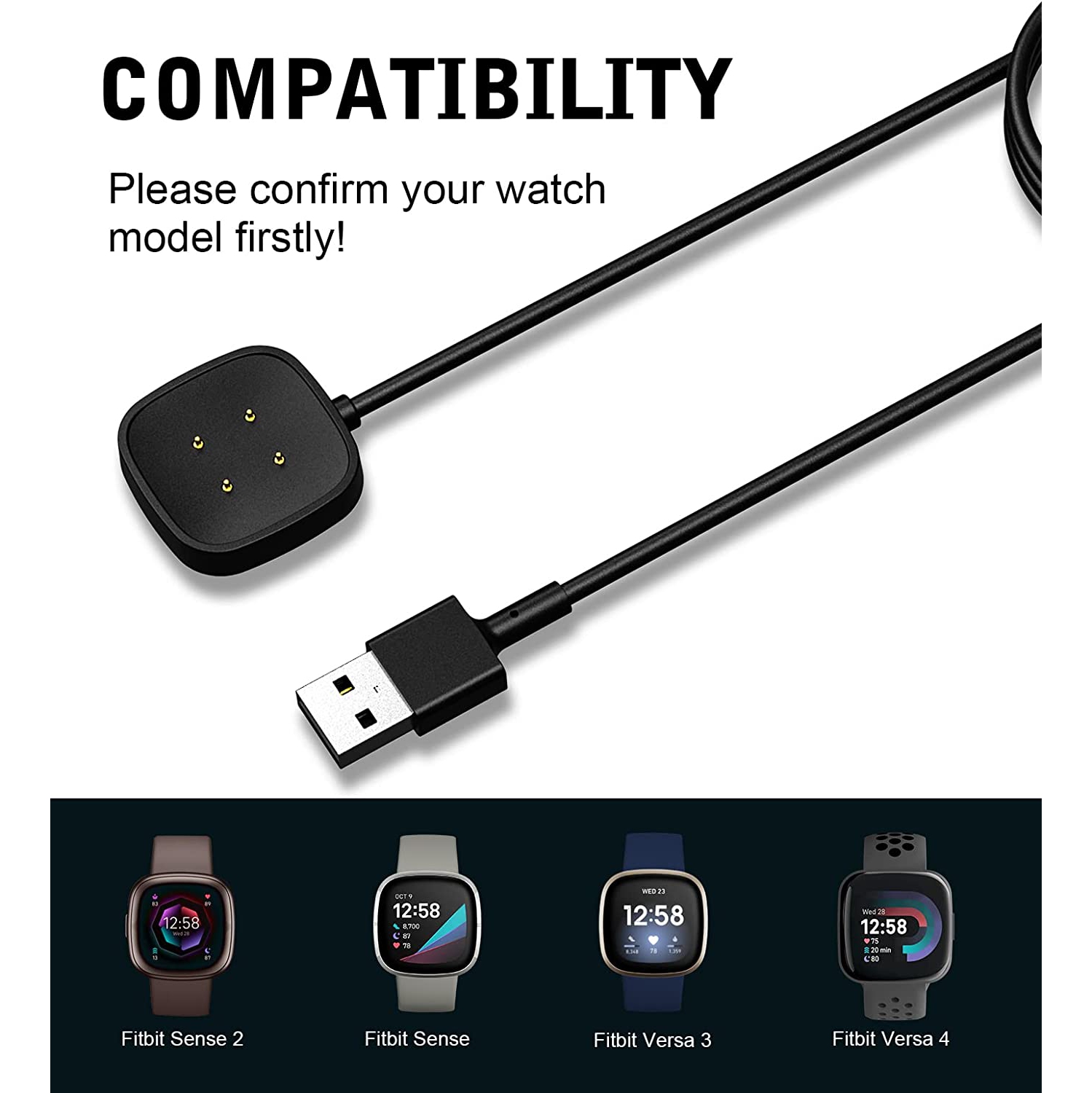 2Pack 3.3 FT Charger Cable USB Charging Dock For Fitbit Sense/Versa 3 Smartwatch
