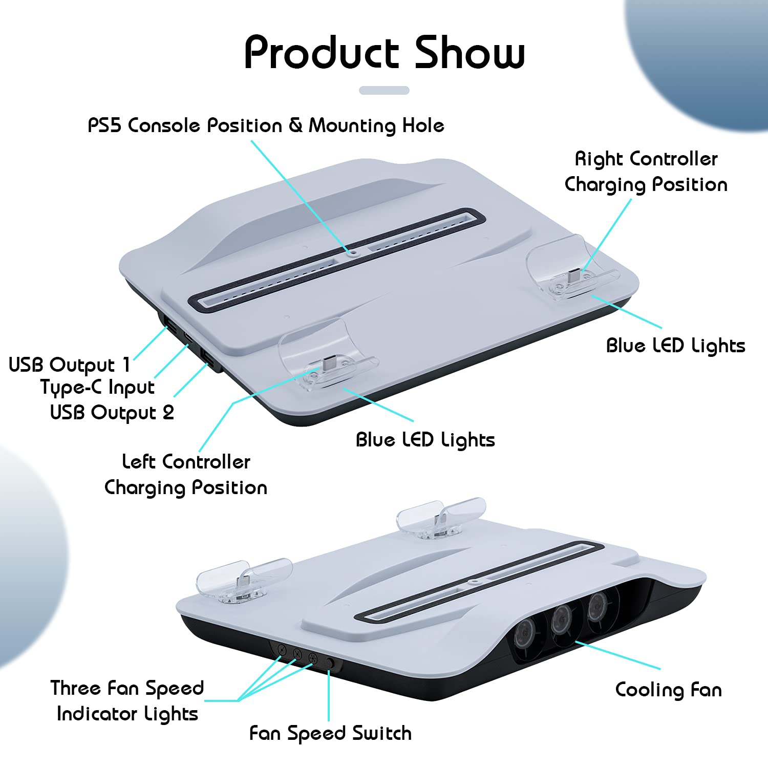 Support de recharge Cooling de Wiigearss pour station de recharge PS5 avec système de refroidissement 3 vitesses pour PS5 UHD et édition numérique Con