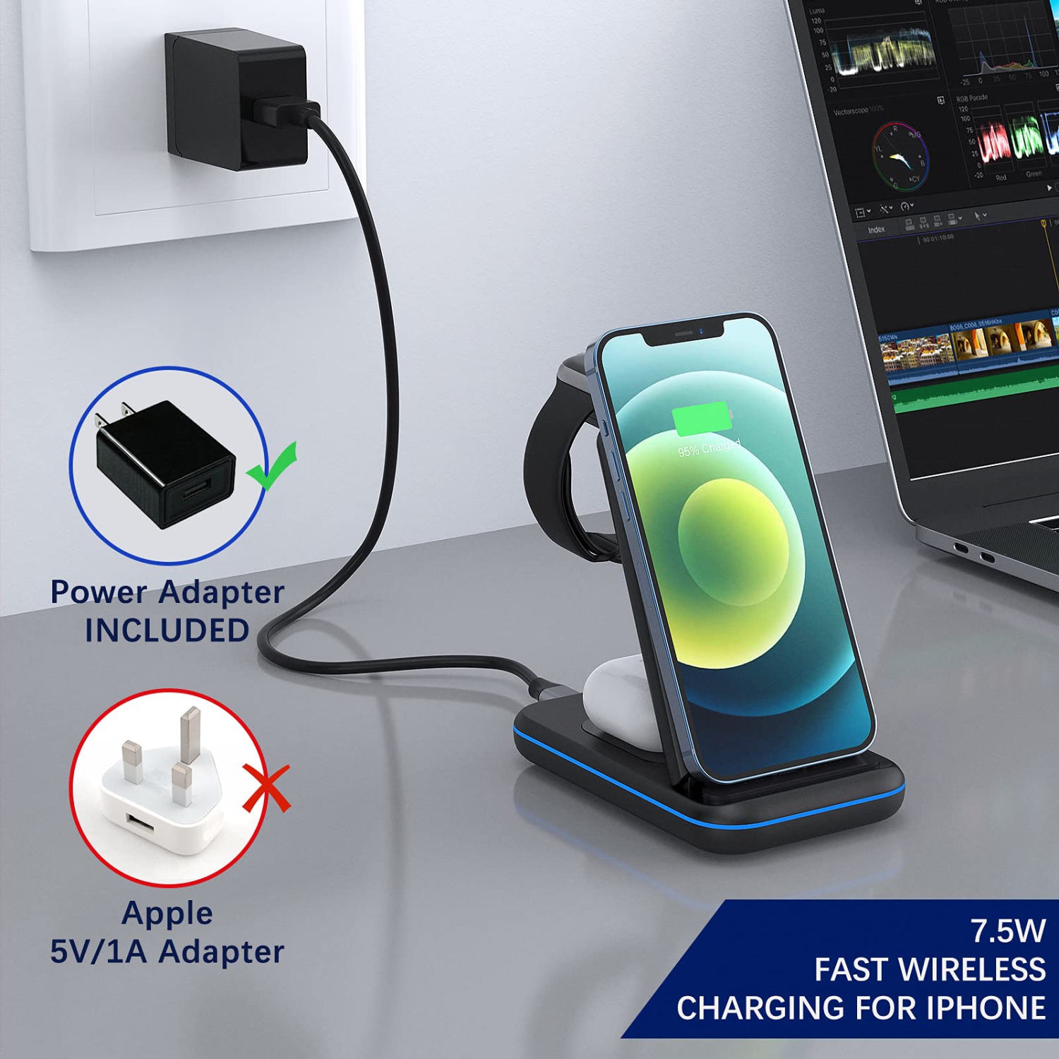 iPhone Wireless Charger Stand,QI Fast Foldable 3 in 1 Charging Station,Wireless Charging Dock for Apple iPhone 13/12/11/11pr