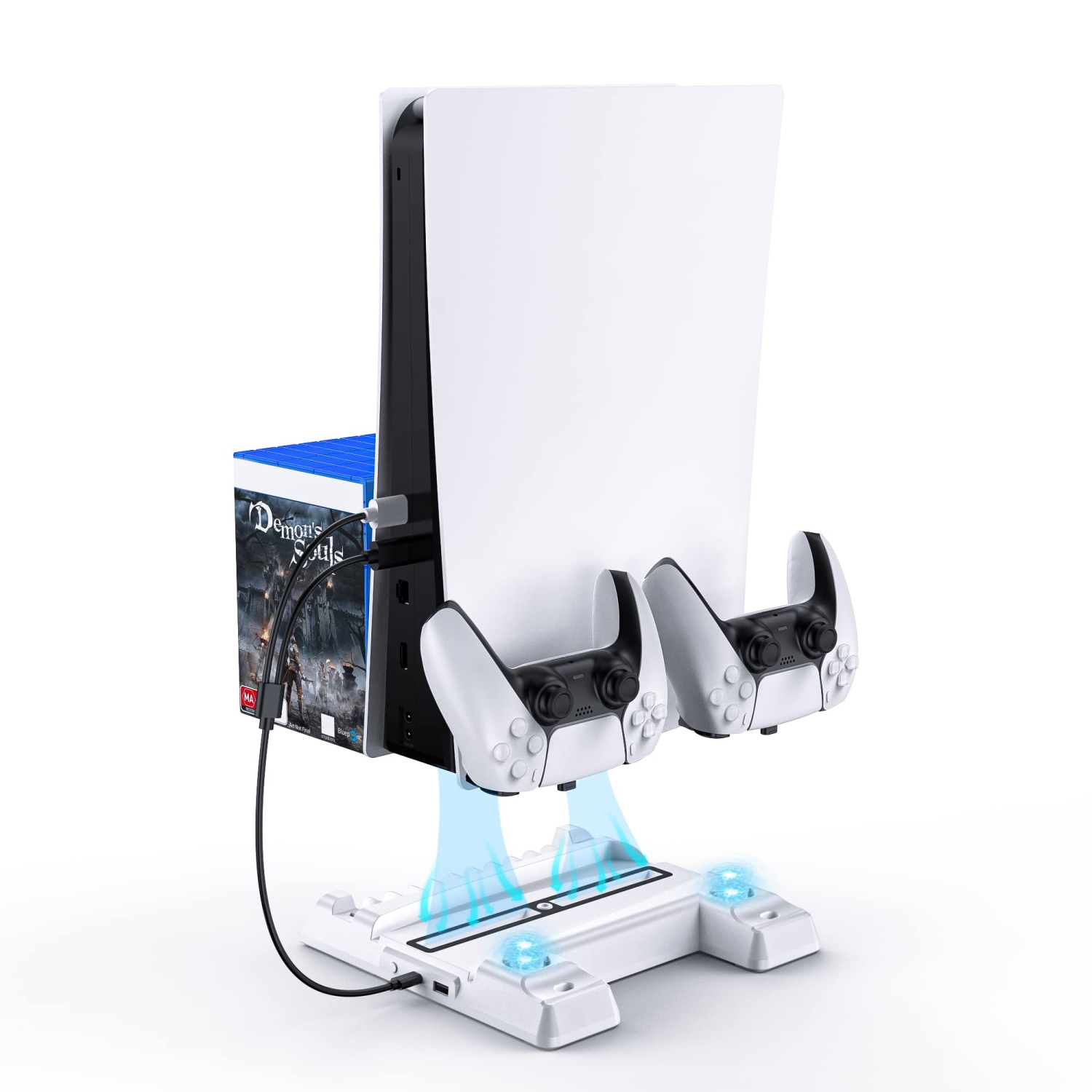 NexiGo Cooling Fans Vertical Stand for PS5 Console, Dual Controllers Type-C Charging Slots with USB Hub, 3 Levels Adjustable