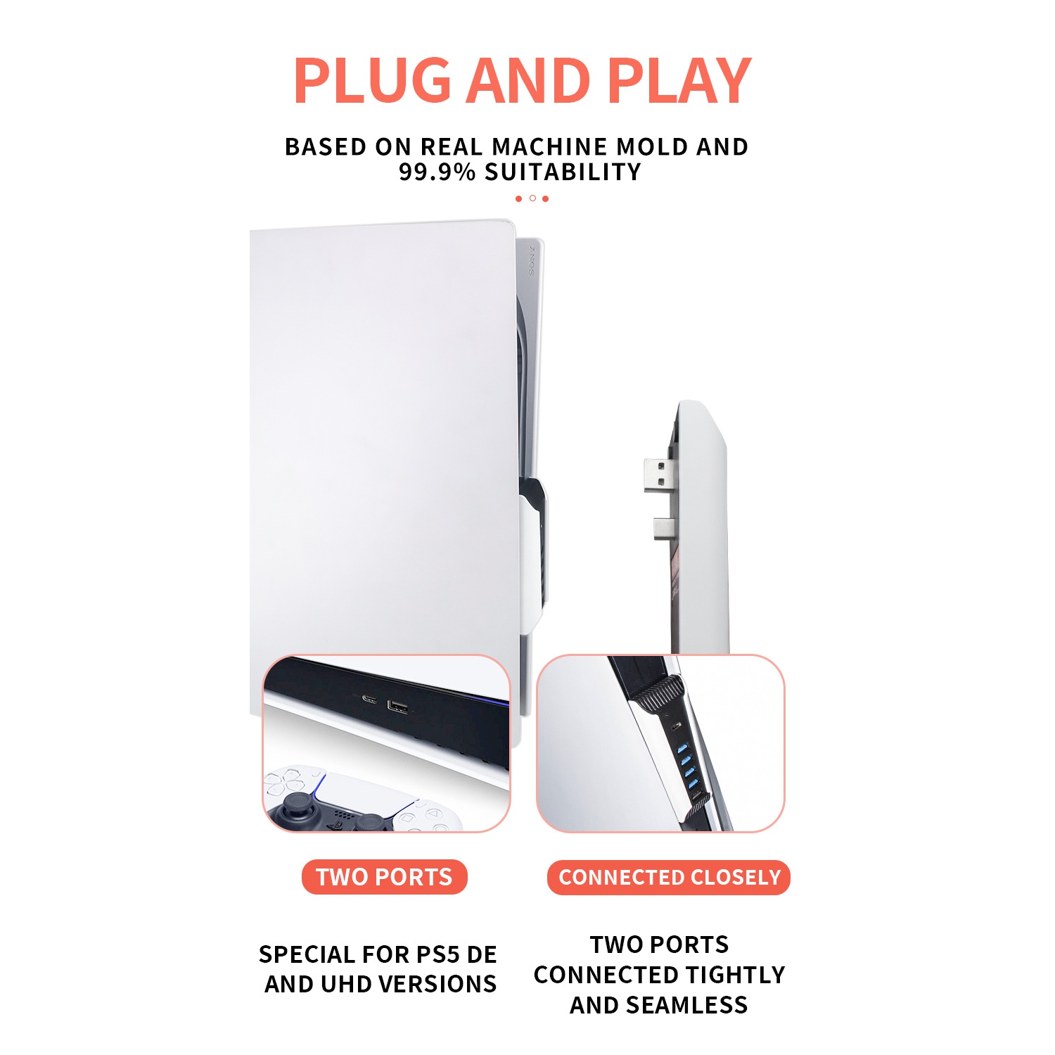 Concentrateur USB à 5 ports pour PS5, adaptateur répartiteur de chargement haute vitesse pour concentrateur d’extension avec 4 ports USB + 1 port de