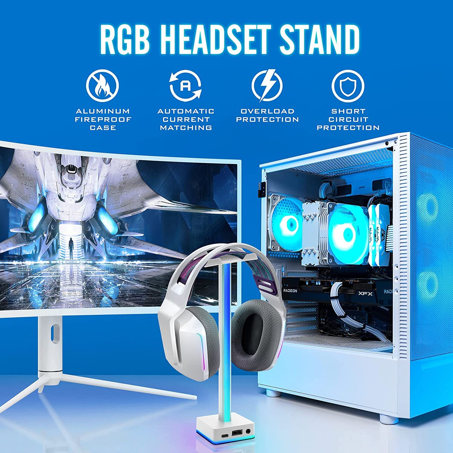 EZDIY-FAB USB LED Light Bar Headphones Stand, Desktop Atmosphere RGB Backlight,50 Built-in Color Modes, Headphone Holder for