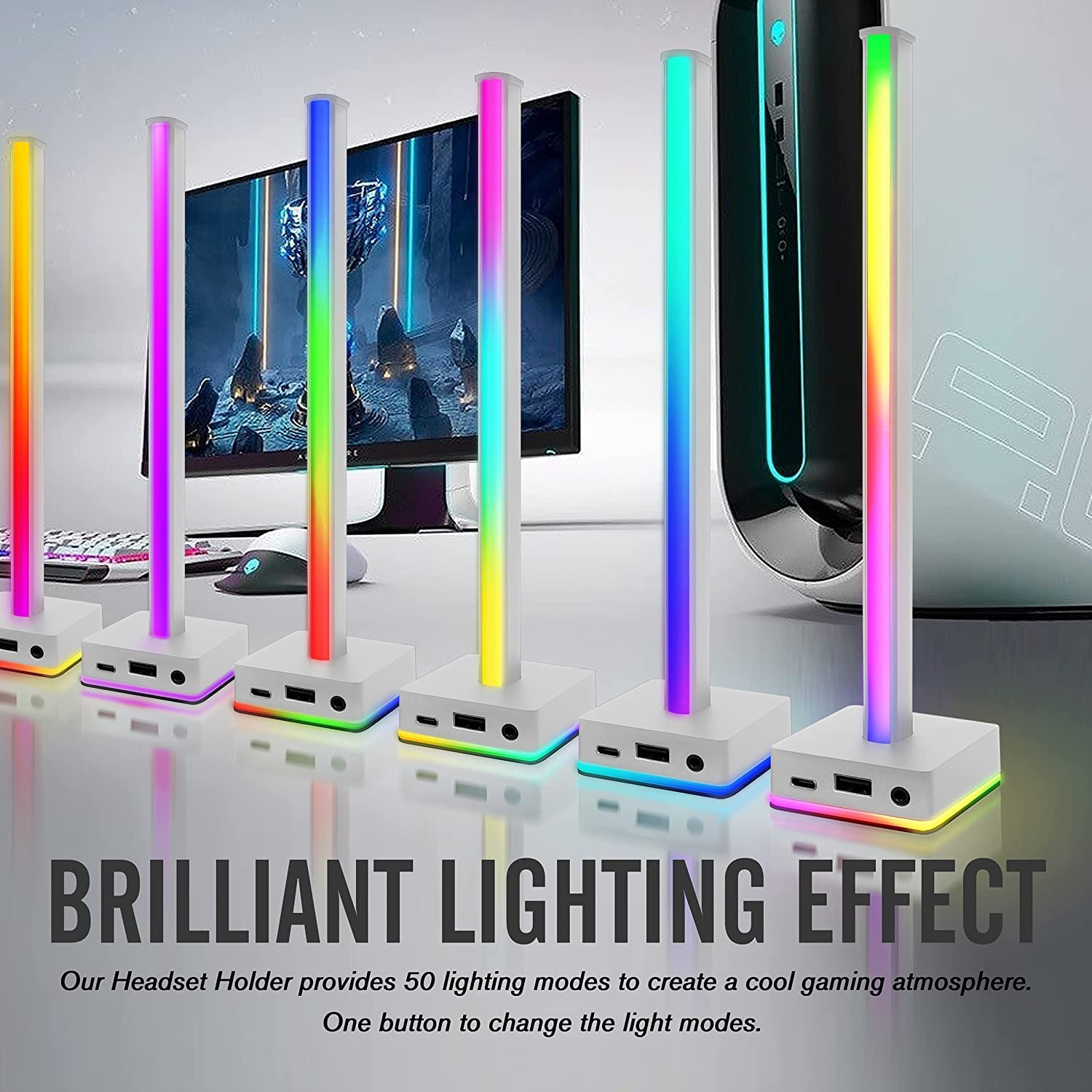 EZDIY-FAB USB LED Light Bar Headphones Stand, Desktop Atmosphere RGB Backlight,50 Built-in Color Modes, Headphone Holder for