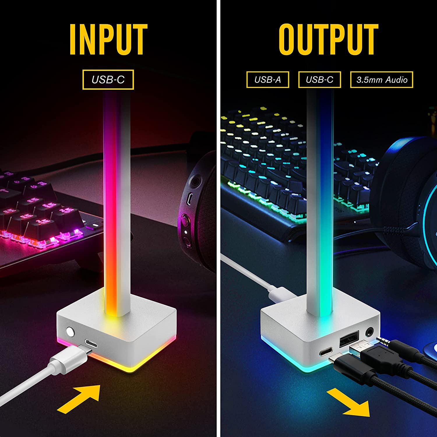 EZDIY-FAB USB LED Light Bar Headphones Stand, Desktop Atmosphere RGB Backlight,50 Built-in Color Modes, Headphone Holder for