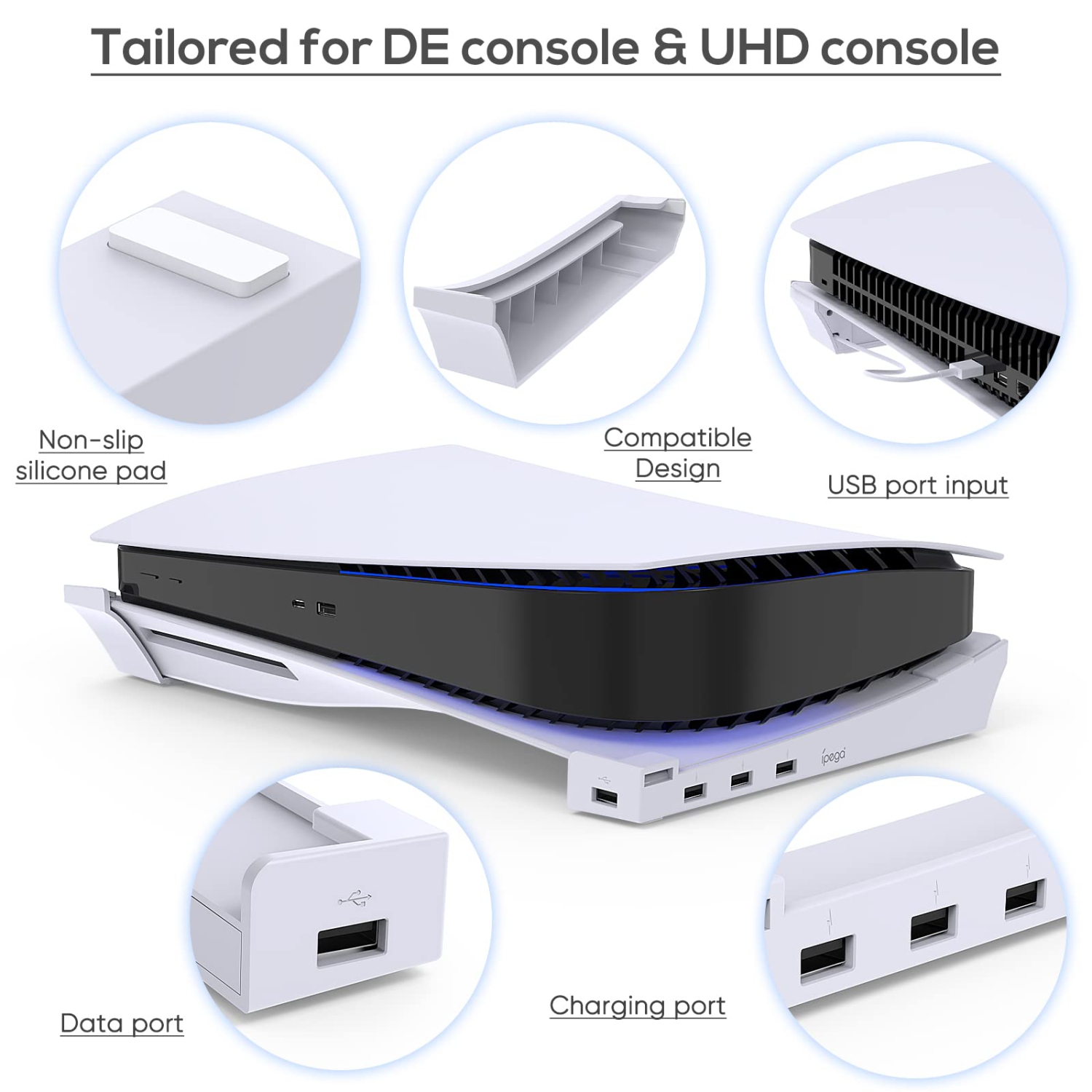 Horizontal Stand for PS5 Console with 4-Port USB Hub, Upgraded PS5 Accessories Base Holder for PlayStation 5 Disc & Digital Editions 1 USB 2.0 Data