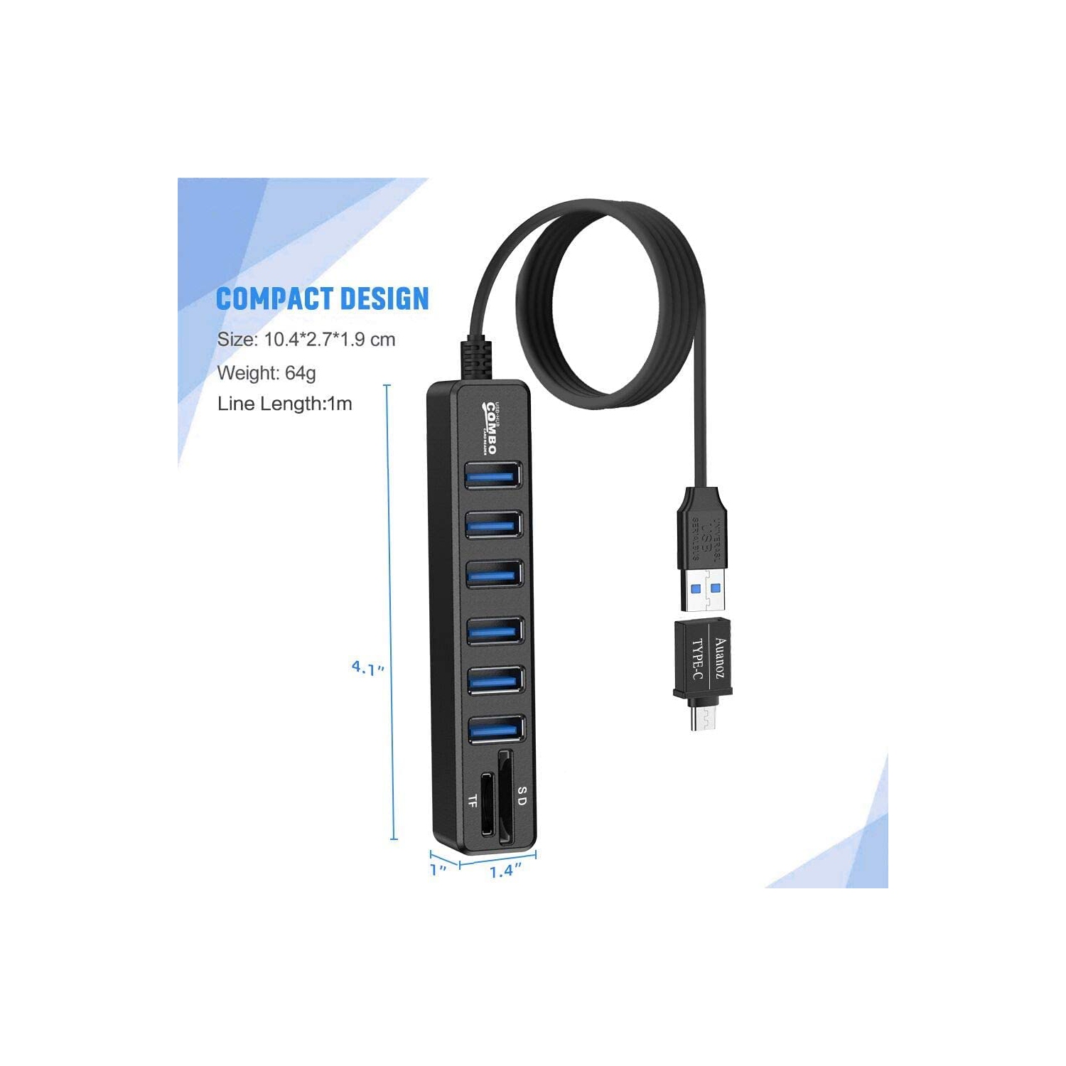 Concentrateur USB Auanoz, répartiteur USB, concentrateur externe USB 2.0 à 6 ports HUB + lecteur de cartes multi-fonctions SD pour Mac Pro/mini,