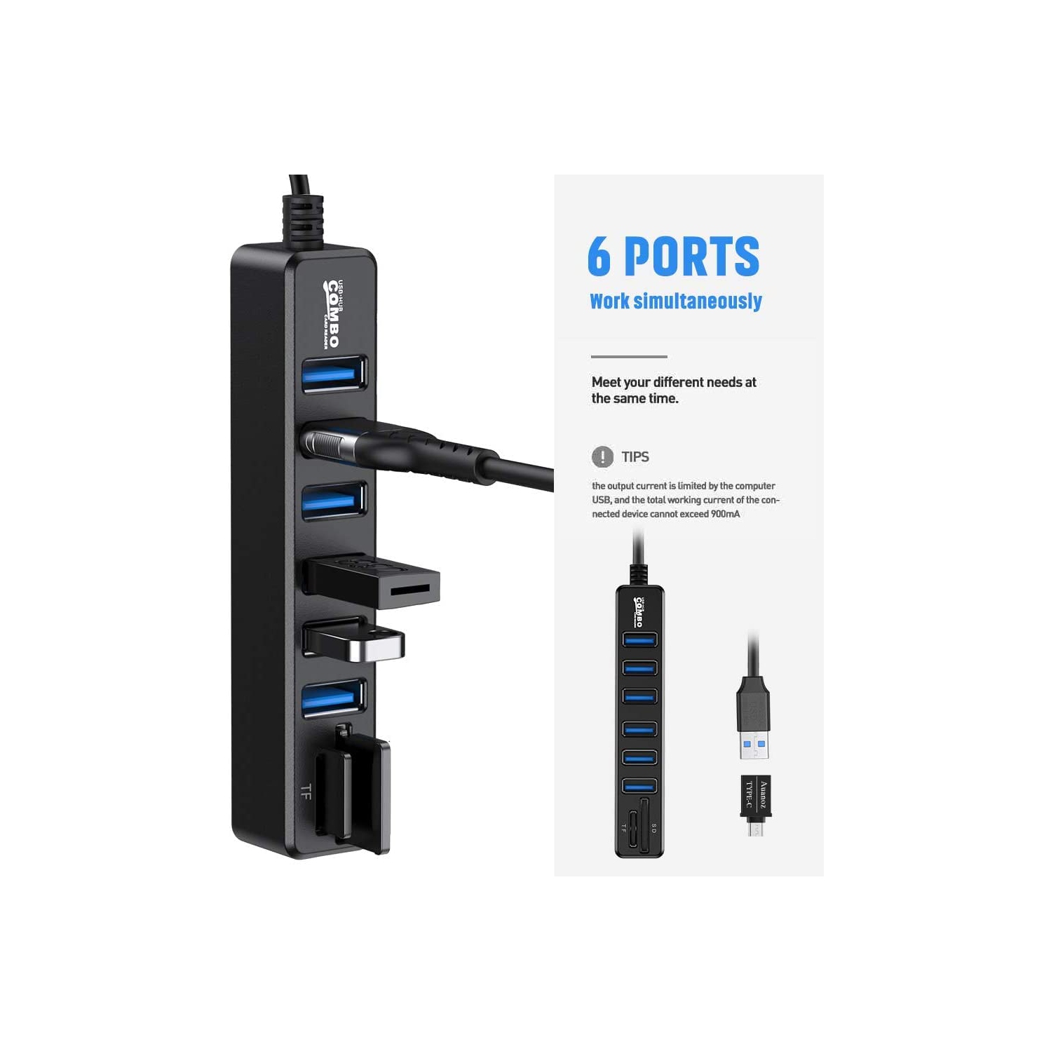 Concentrateur USB Auanoz, répartiteur USB, concentrateur externe USB 2.0 à 6 ports HUB + lecteur de cartes multi-fonctions SD pour Mac Pro/mini,