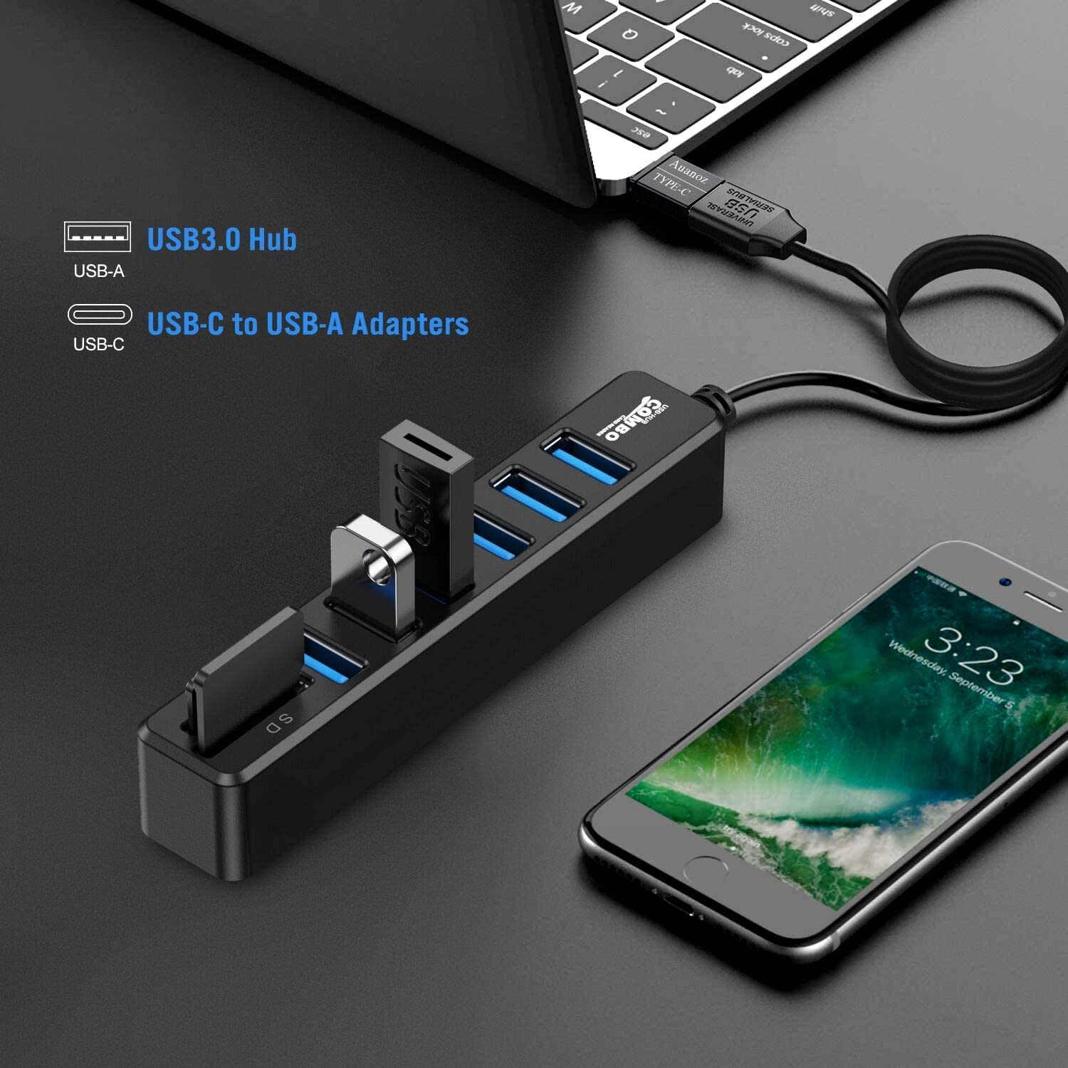 Concentrateur USB Auanoz, répartiteur USB, concentrateur externe USB 2.0 à 6 ports HUB + lecteur de cartes multi-fonctions SD pour Mac Pro/mini,