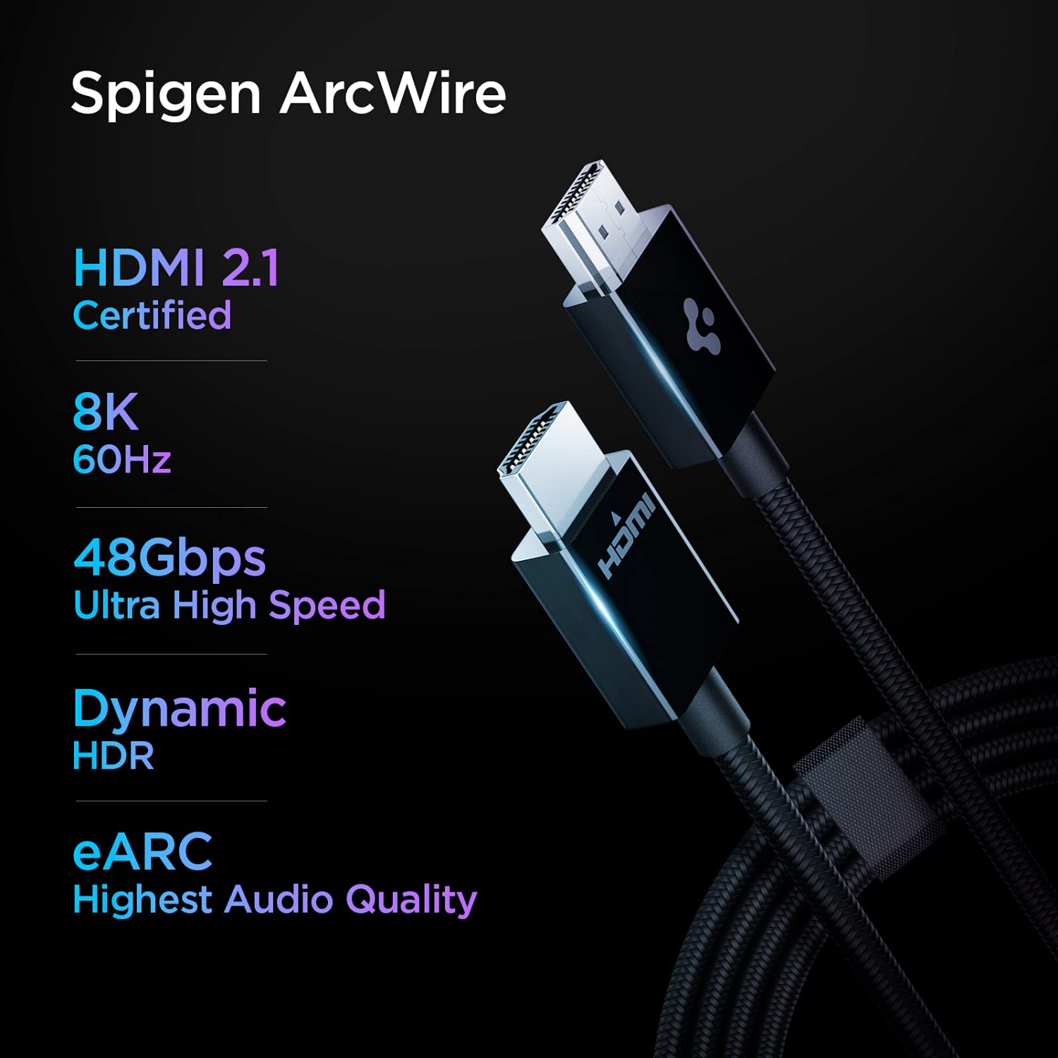 Spigen 8K HDMI Cable, 6.6ft 48Gbps Ultra High Speed HDMI 2.1 Certified, 8K/60Hz 4K/120Hz Dynamic HDR eARC 3D HDMI Cord Compa