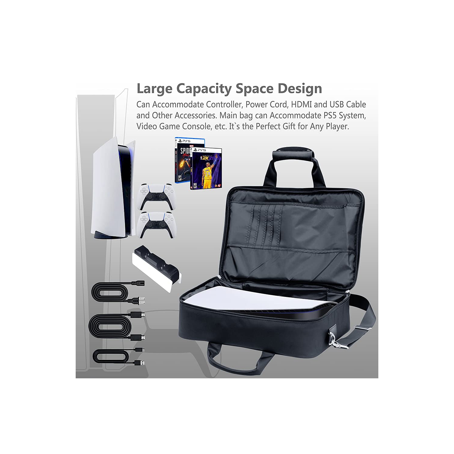 PS5 Étui de transport, étui de console pour jeux PlayStation 5 et PS5 édition numérique PS5 et manette pour PS5 - Noir blanc