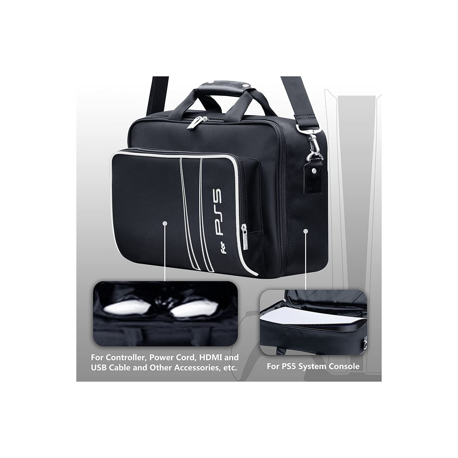 PS5 Étui de transport, étui de console pour jeux PlayStation 5 et PS5 édition numérique PS5 et manette pour PS5 - Noir blanc