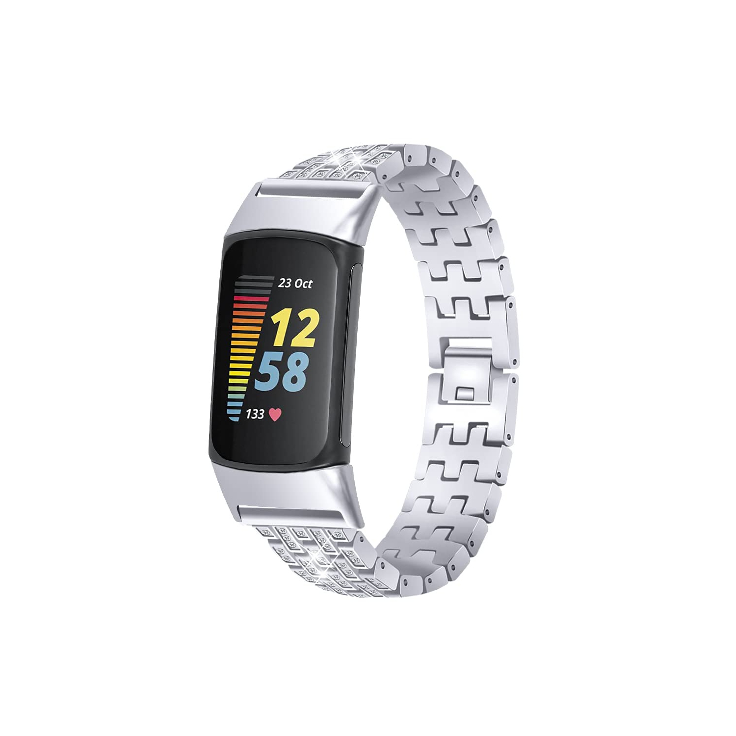 Compatible with Fitbit Charge 5 Wristband Stainless Steel Metal Band Bracelet Jewel Strap Replacement Crystal Bands for Char