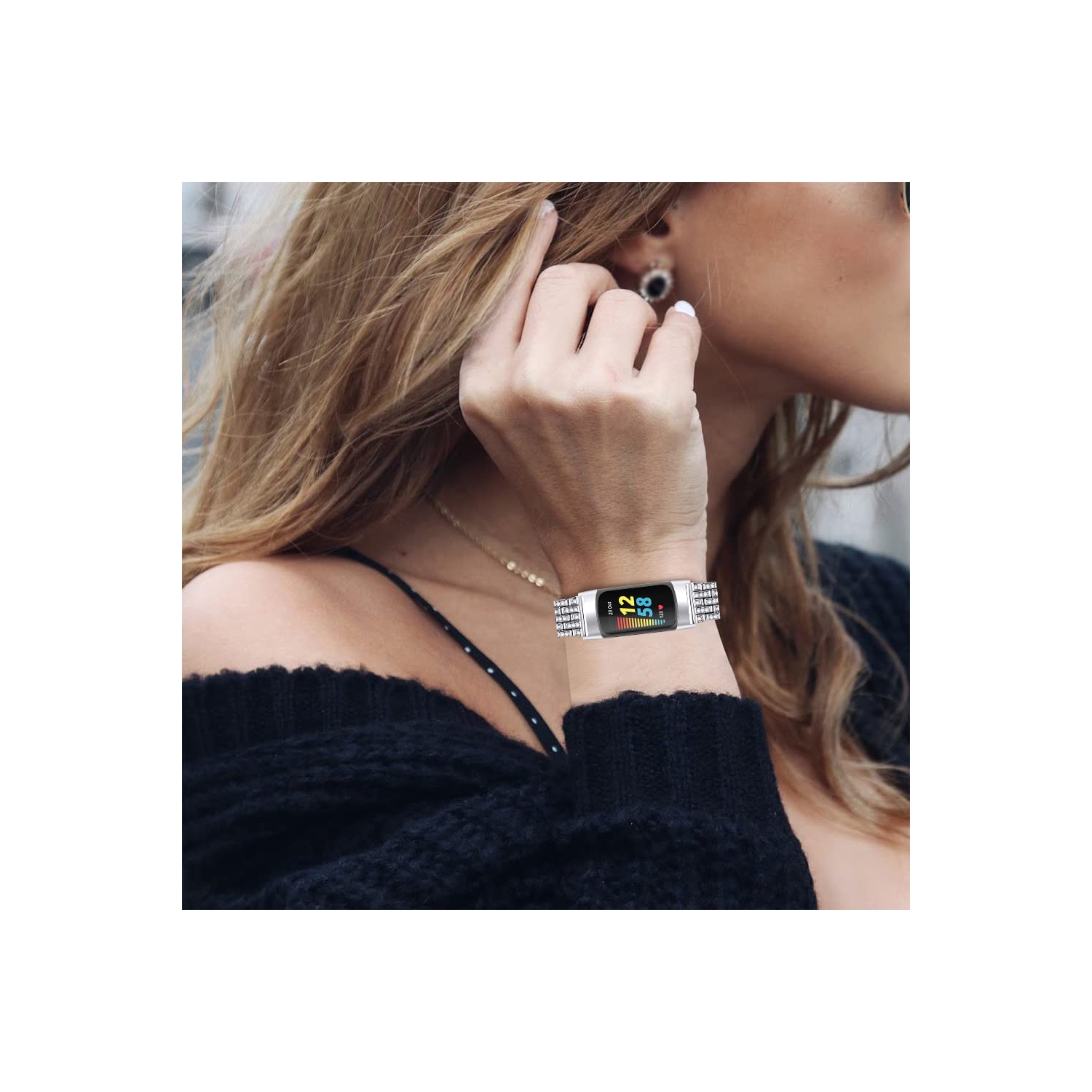 Compatible with Fitbit Charge 5 Wristband Stainless Steel Metal Band Bracelet Jewel Strap Replacement Crystal Bands for Char