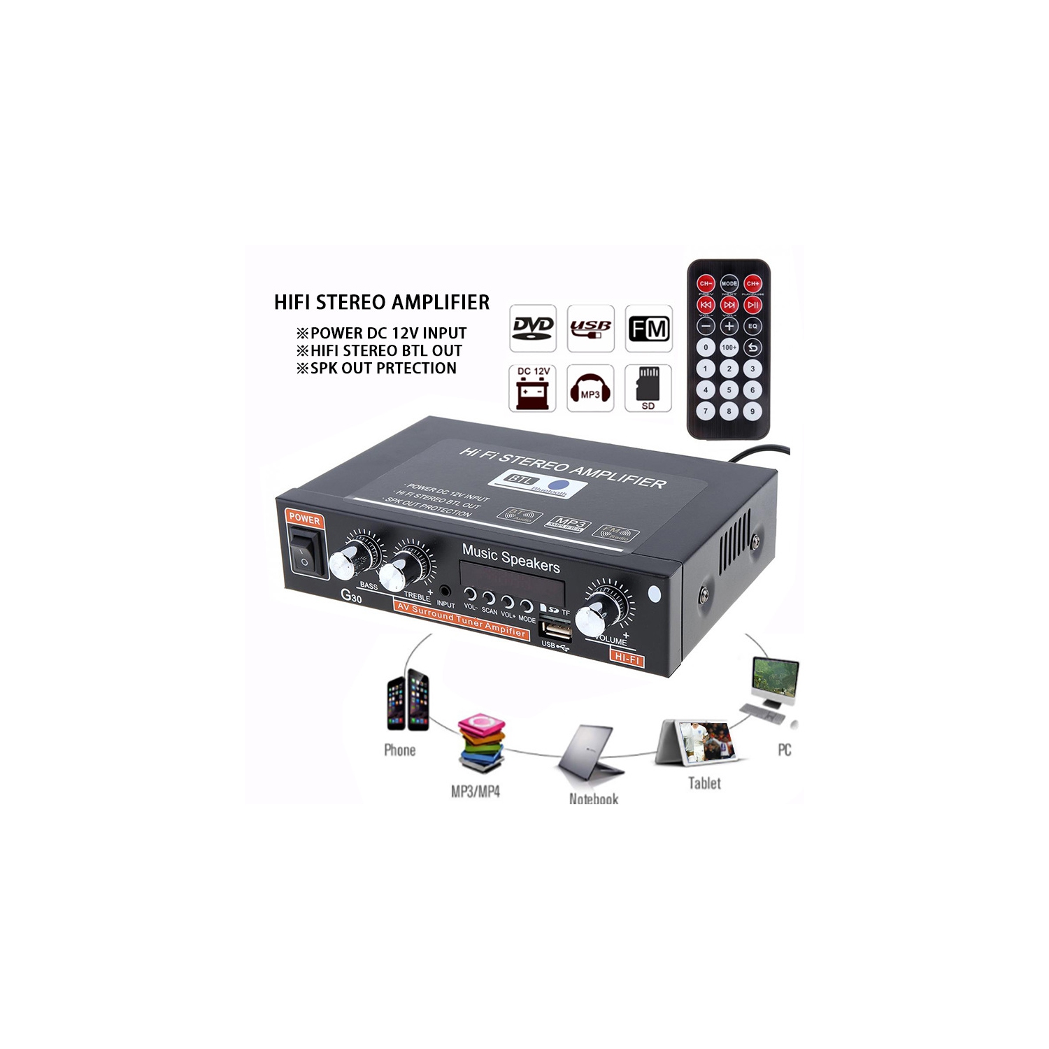 SuperGooDeal – amplificateur audio pour l’auto, radio FM, lecteur G30 Hi Bluetooth, prise en charge SD/USB/DVD/MP3 avec télécommande pour moto pour