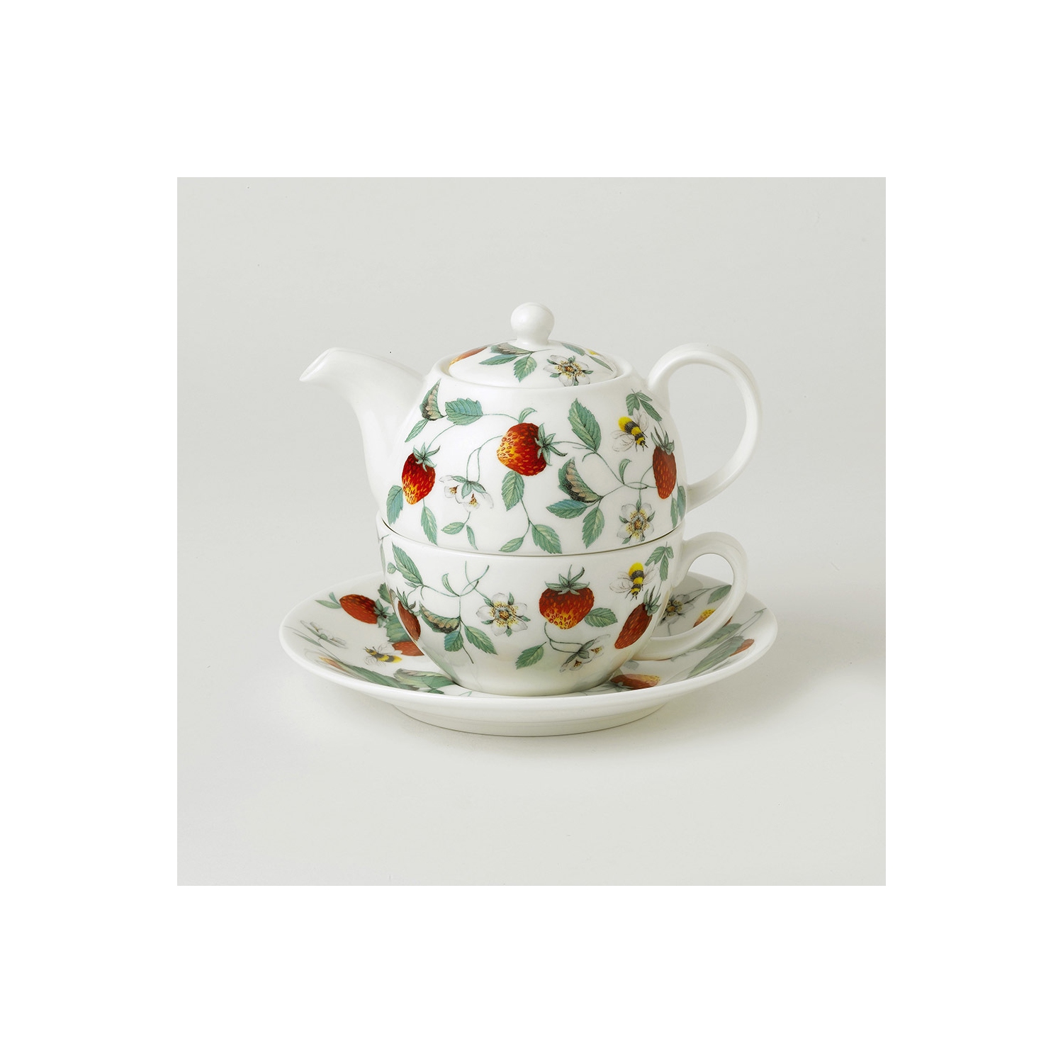 Théière avec tasse à thé et soucoupe - Fraises des bois