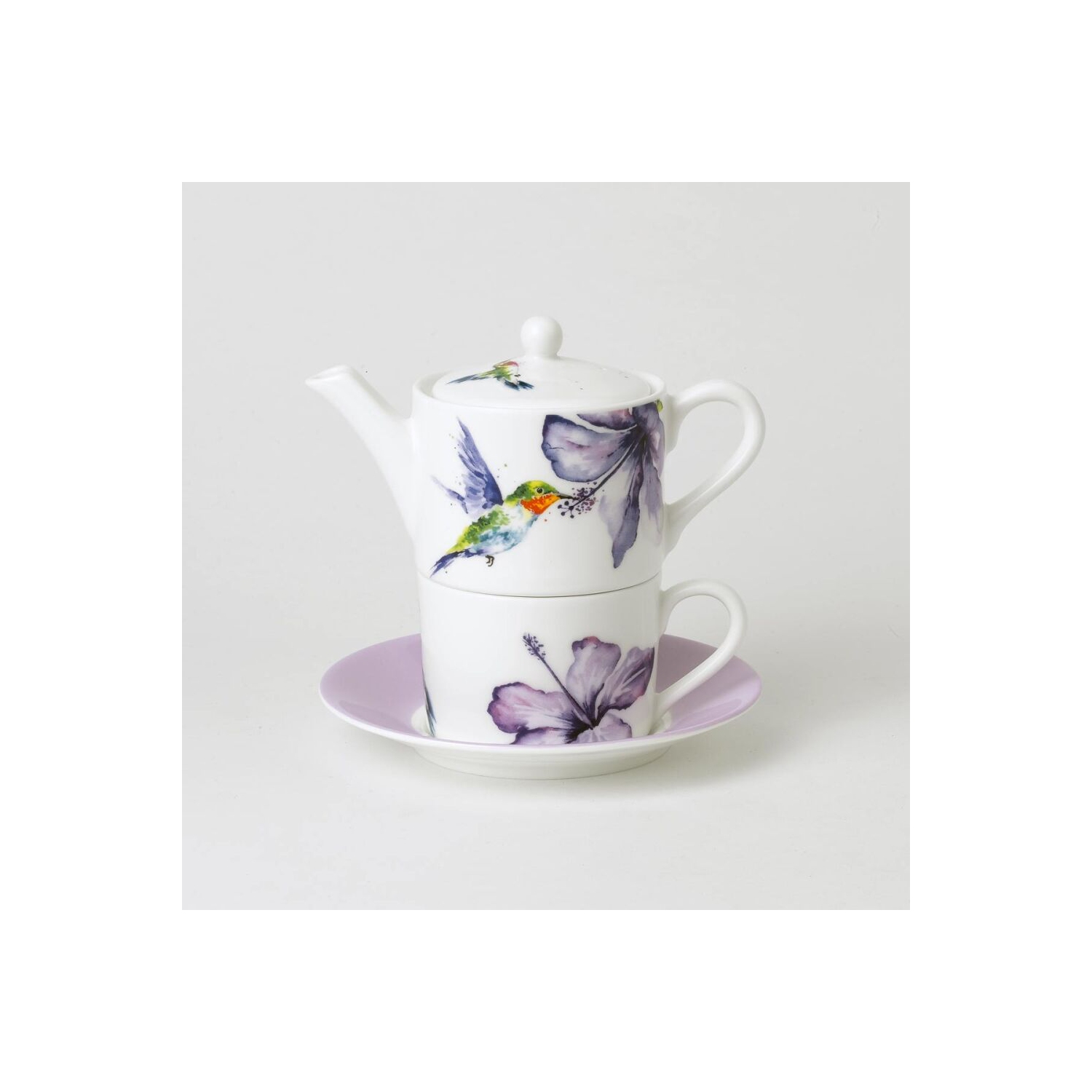 TEA FOR ONE Teapot with Tea Cup and Saucer - HUMMINGBIRD
