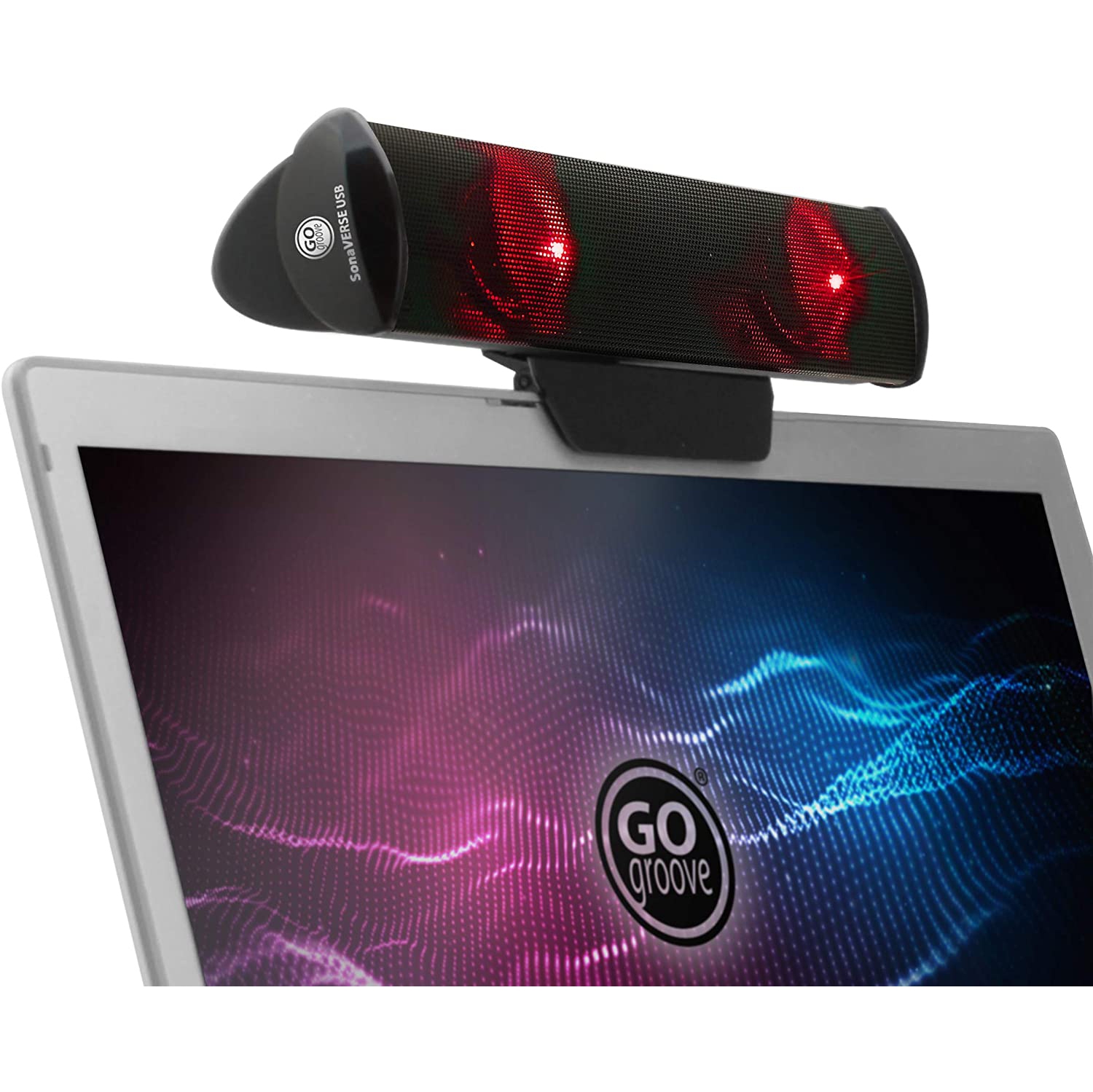 GOgroove SonaVERSE LED Speaker for Laptop Computer - USB Powered Clip-On Sound Bar with Mini Portable External Speaker Design for Monitor, Back Switch for Power - Audio Input and Power (Red)