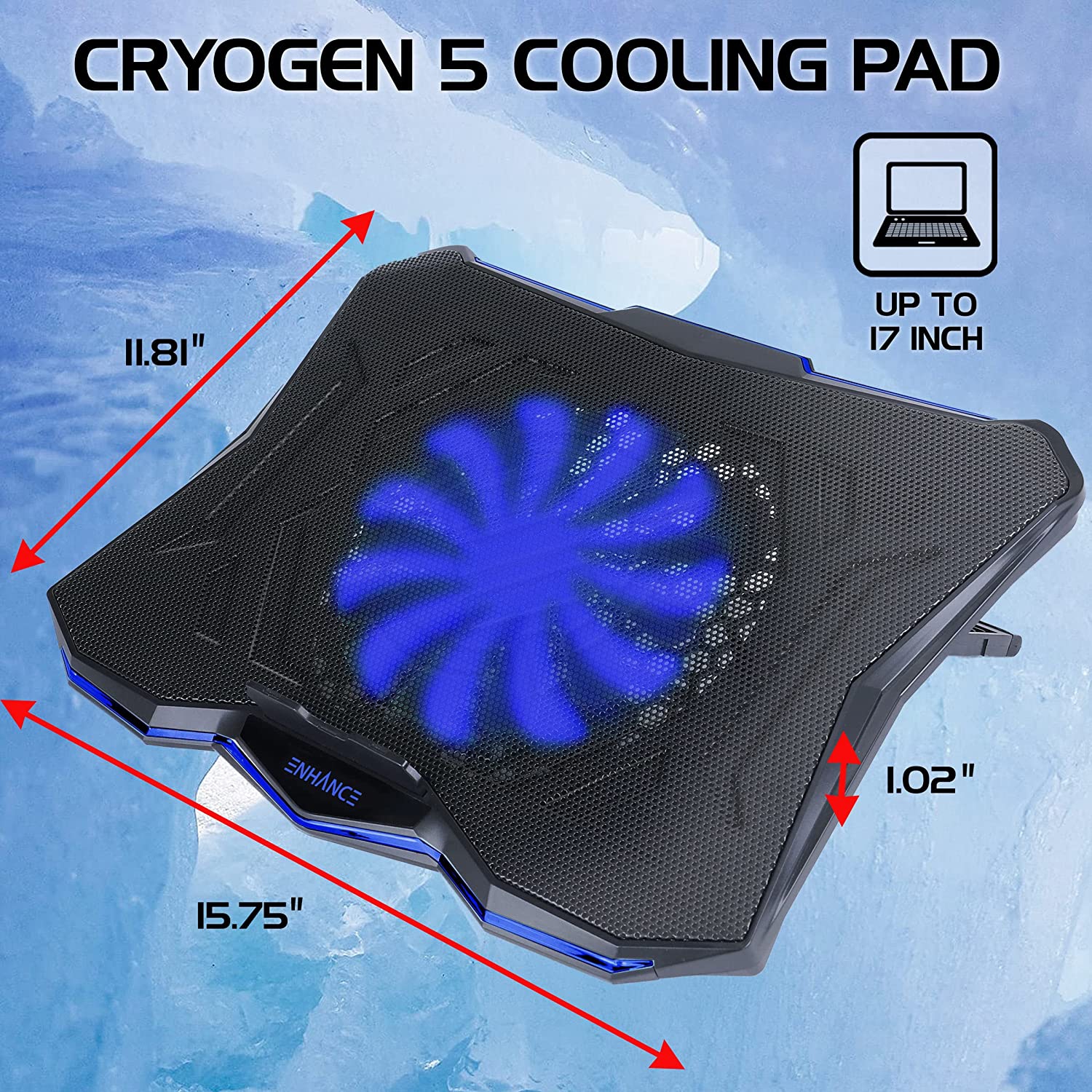 ENHANCE Cryogen 5 Gaming Laptop Cooling Pad Stand - Laptop Cooler with 7 Adjustable Height & Dual USB Ports for 17 inch Laptops - High Performance