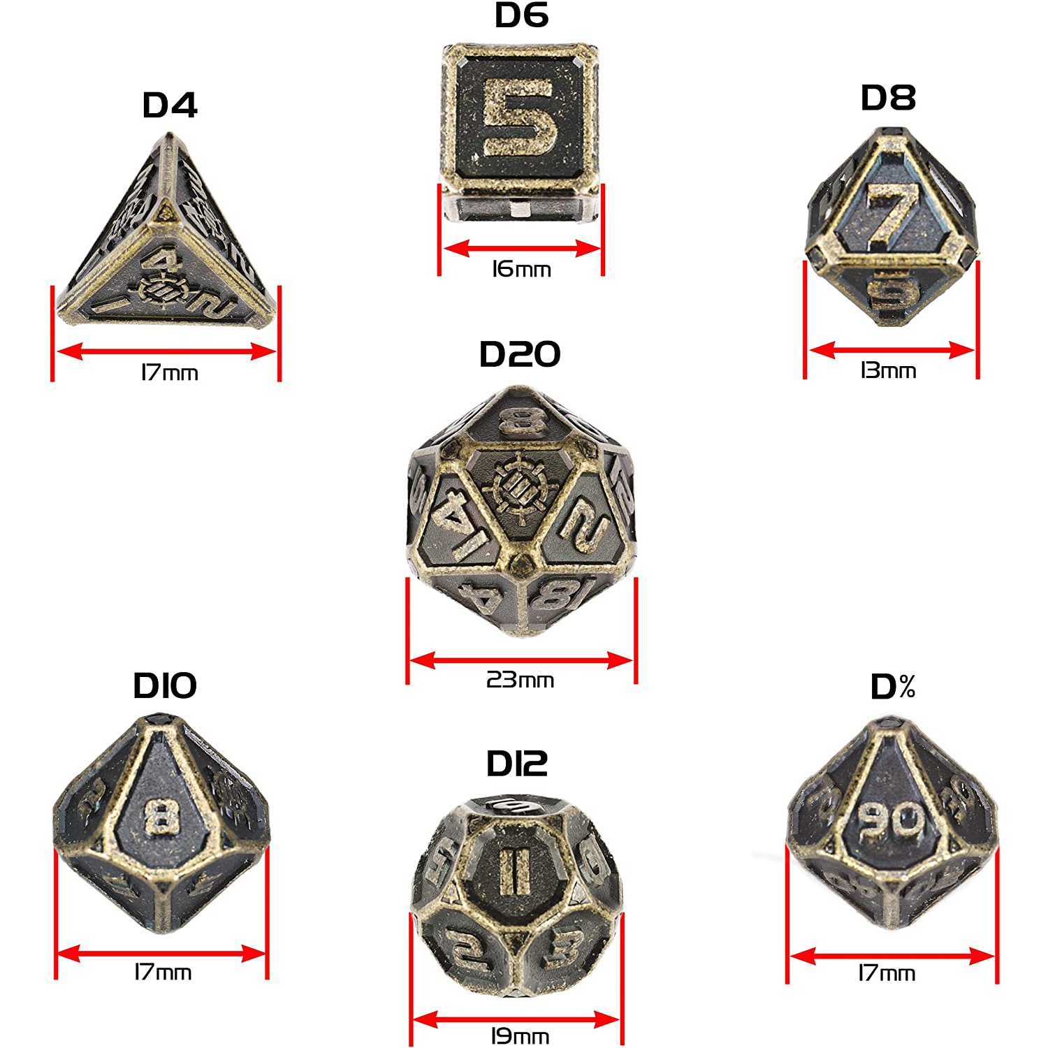 ENHANCE DND Lot de 7 dés polyédriques DND en alliage de zinc massif avec étui de rangement en métal et sac à dés à cordon inclus – Dés RPG pour