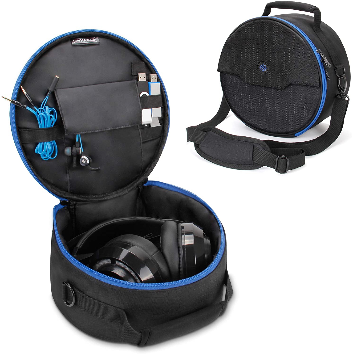 ENHANCE Portable Headphone Case for Wired & Wireless Headsets - Compatible with Sony Pulse 3D, Beats, Bose & Gaming Headphones - Extra Padding, Accessory Storage, Strap & Carrying Handle - Blue