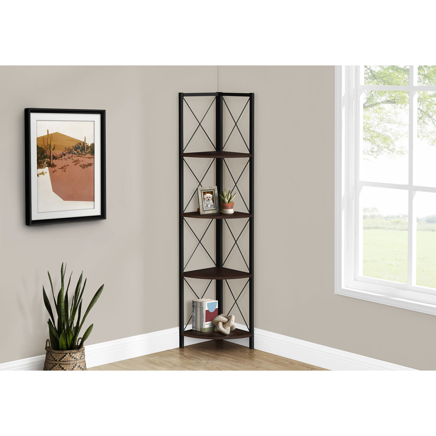 Monarch Specialties 60" 4-Shelf Metal Corner Bookcase - Espresso