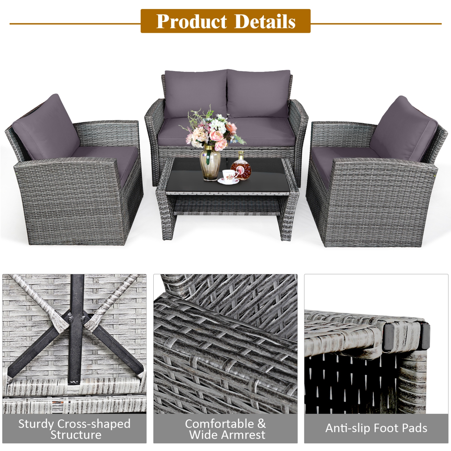 Costway 4PCS Patio Rattan Furniture Set Sofa Table W/Storage Shelf And Cushion