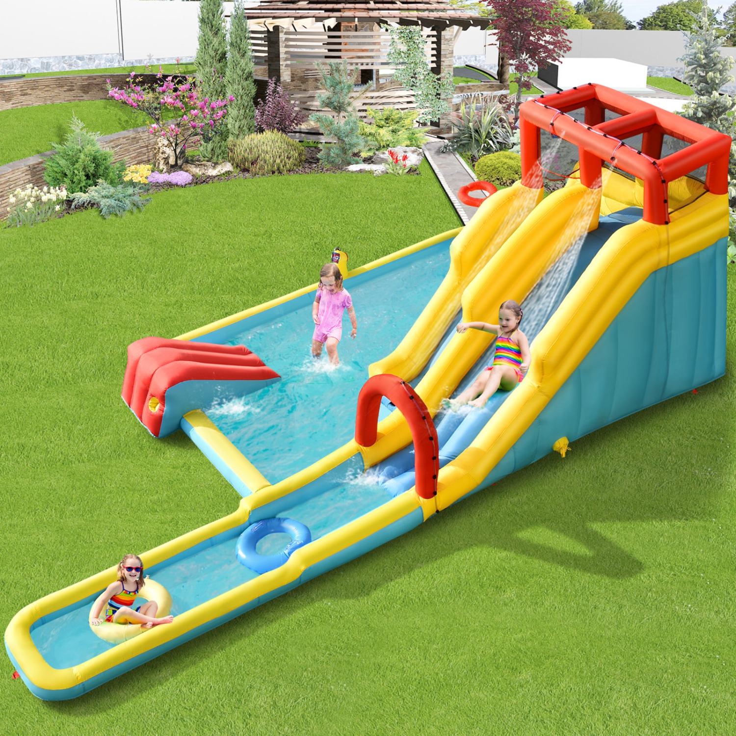 Topbuy Inflatable Water Slide Castle House Water Gun & Climbing Wall with 950W Blower