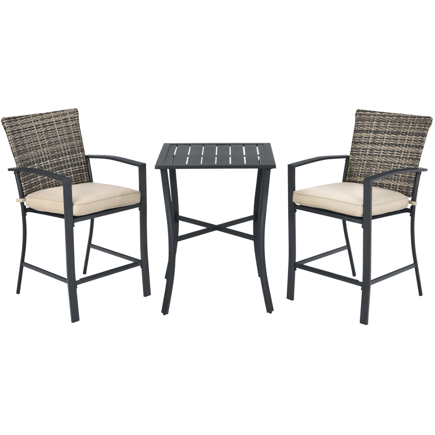 Patiojoy 3-Piece Patio Rattan Furniture Set Outdoor Bistro Set Cushioned Chairs & Table Set Gray/Brown