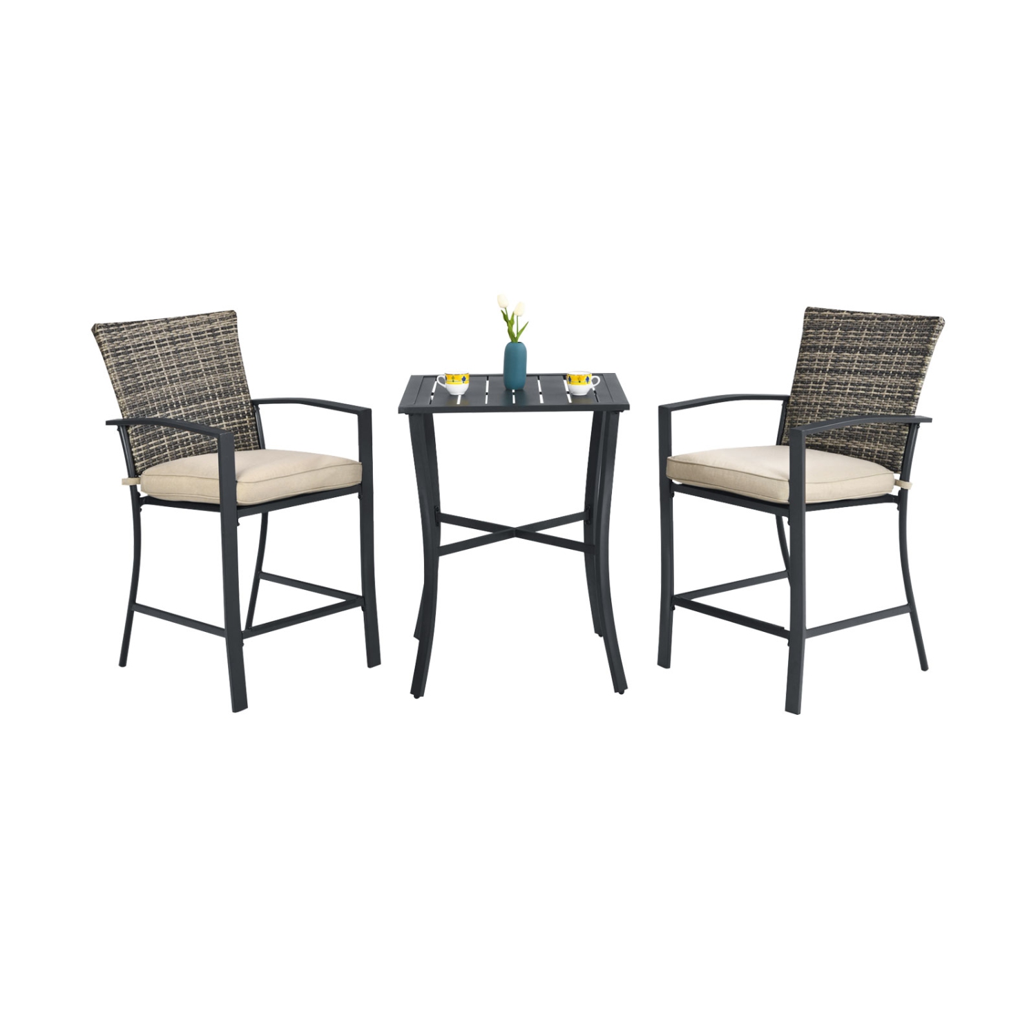 Patiojoy 3-Piece Patio Rattan Furniture Set Outdoor Bistro Set Cushioned Chairs & Table Set Gray/Brown