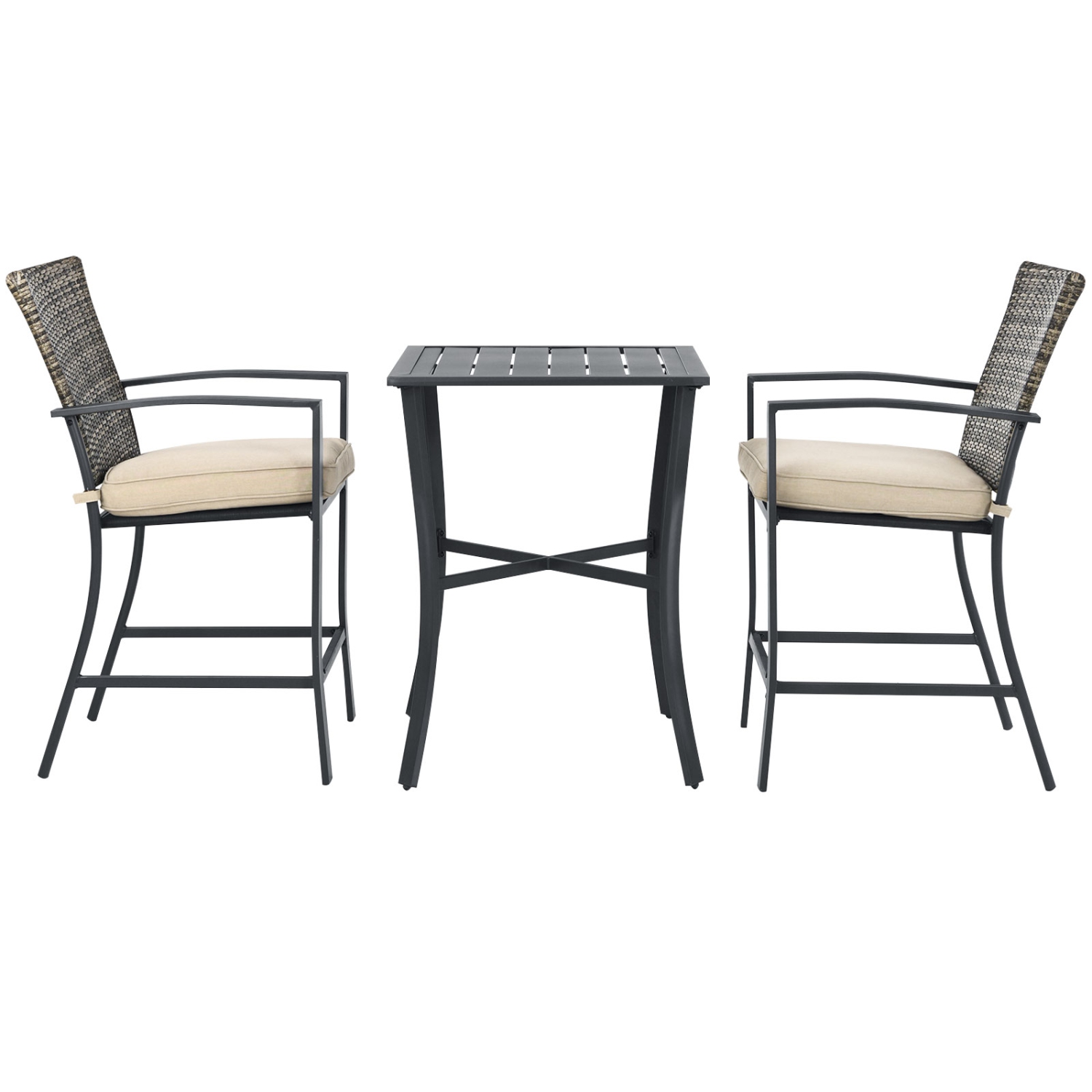 Patiojoy 3-Piece Patio Rattan Furniture Set Outdoor Bistro Set Cushioned Chairs & Table Set Gray/Brown