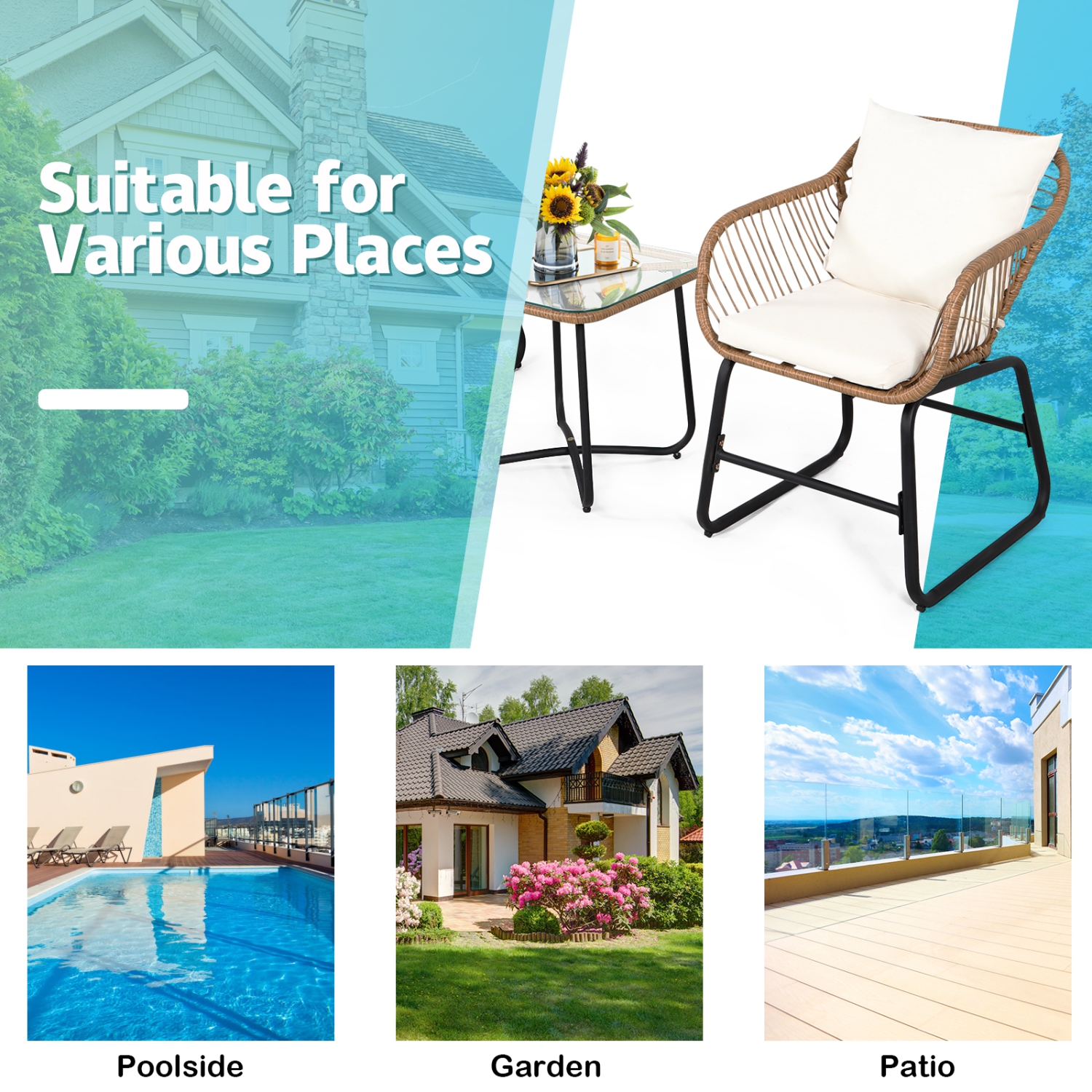 Ensemble bistro d’extérieur 3PCS patio en rotin avec coussins lavables et 2 fauteuils pour l’extérieur blanc