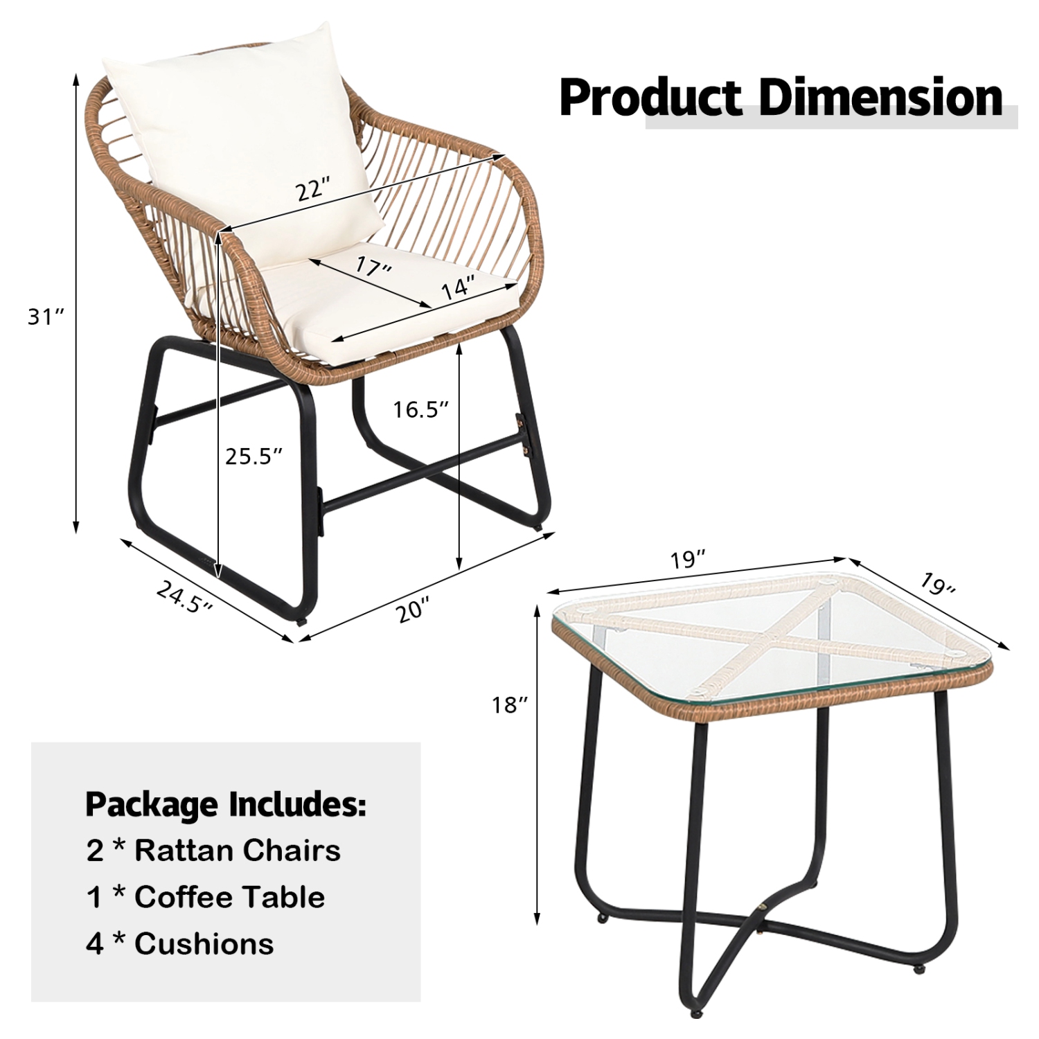 Ensemble bistro d’extérieur 3PCS patio en rotin avec coussins lavables et 2 fauteuils pour l’extérieur blanc